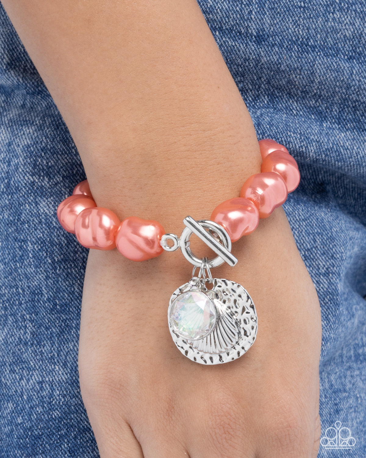 Coastal Cadenza - Orange Pearl Silver Ocean Charm Toggle Bracelet - Paparazzi Accessories