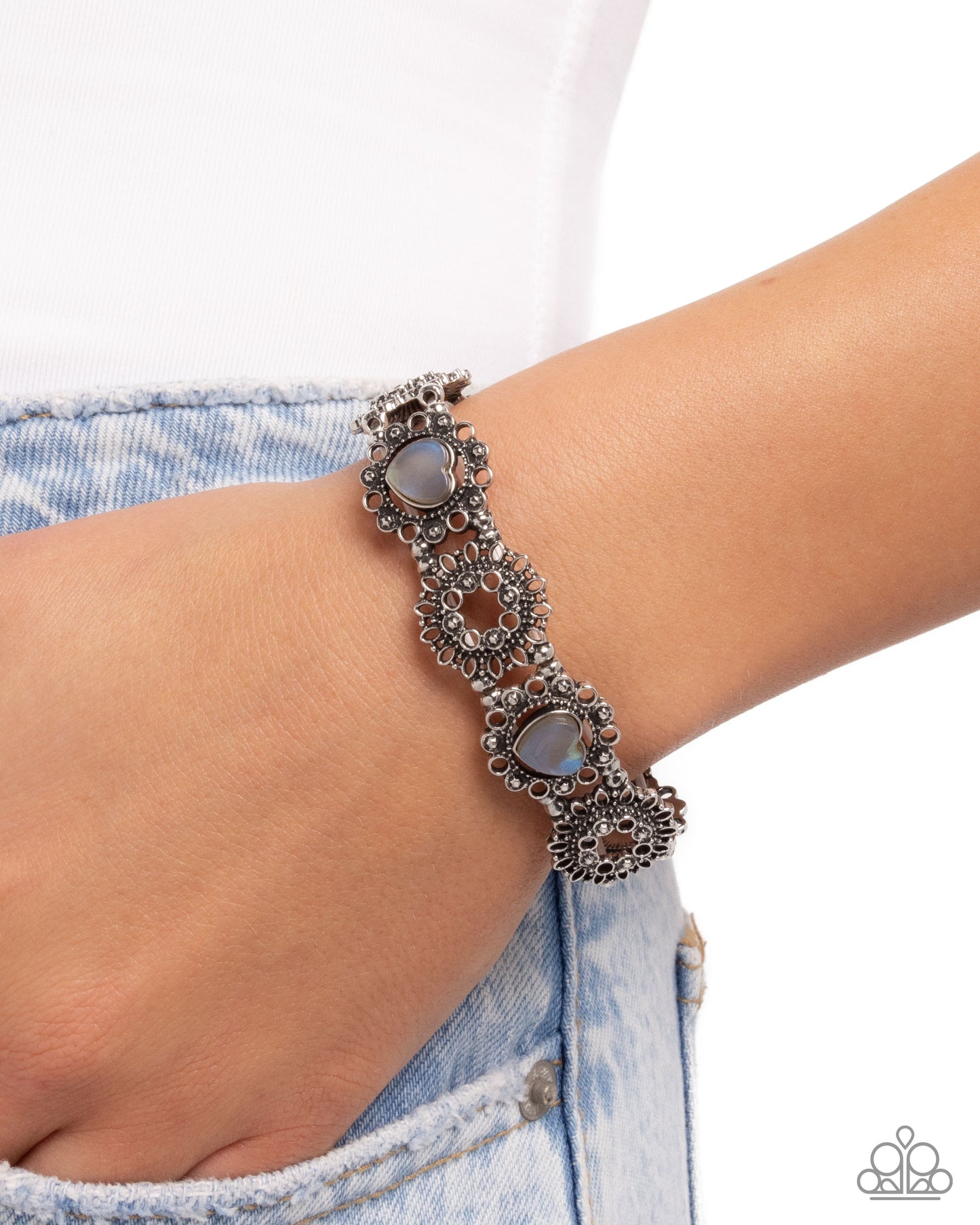 Fabricated Frames - Silver - Blue Marble Stone Hearts Silver Stretchy Bracelet - Paparazzi Accessories