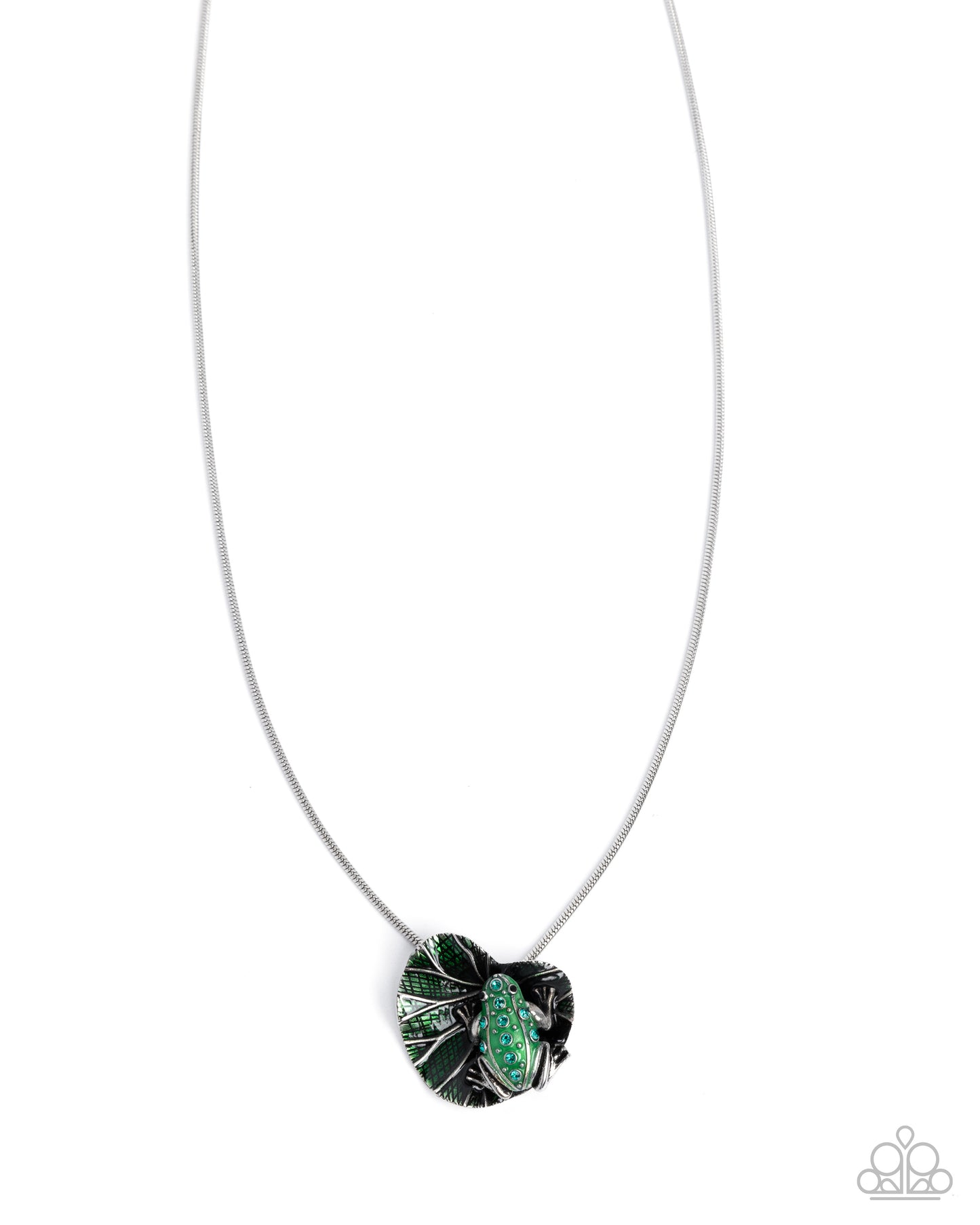 Tree Frog Tapestry - Green Enamel Lilypad Rhinestone Frog Pendant Silver Necklace - Paparazzi Accessories
