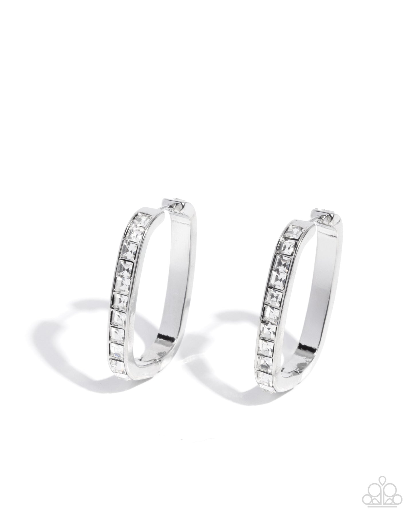 Encased Elevation - White Rhinestone Silver Hinge Hoops - Paparazzi Accessories