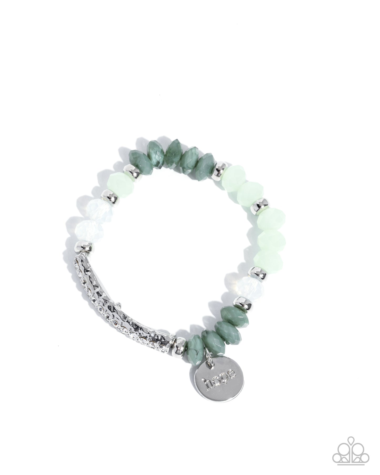 Handcrafted Hope - Green Beaded White Rhinestone Silver Stretchy Bracelet - Paparazzi Accessories