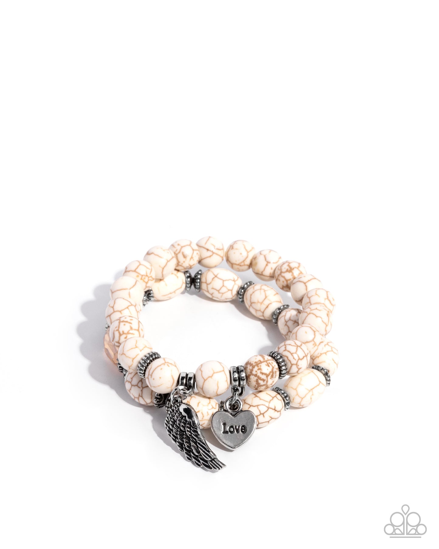 Santa Fe Settlement - White Crackle Stone, Silver heart and Angel Wing Bracelets - Paparazzi Accessories