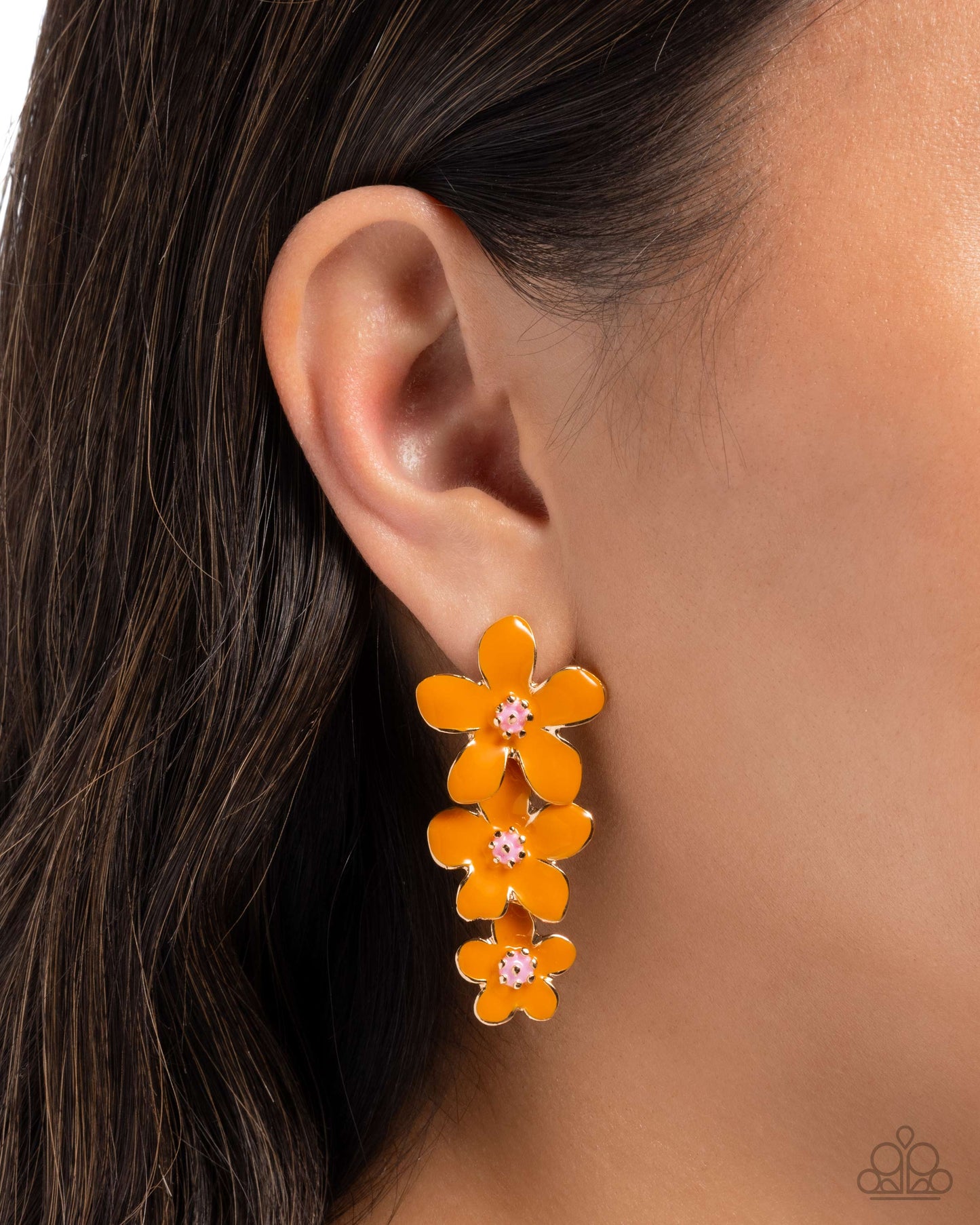 Crack of BLOOM - Orange Enamel Flower Gold Post Earrings - Paparazzi Accessories