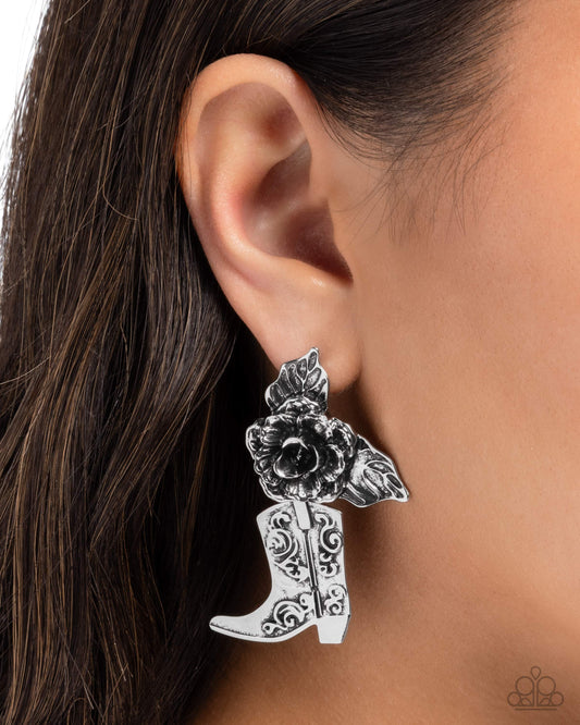 Dancing Boots - Silver Boot and Rose Post Back Earrings - Paparazzi Accessories