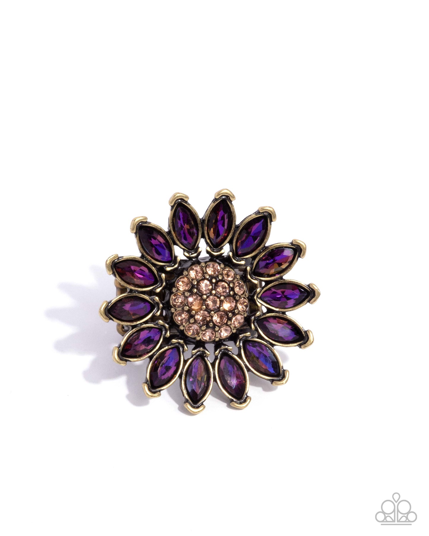 Sunflower Setting - Brass and Purple Rhinestone Ring - Paparazzi Accessories