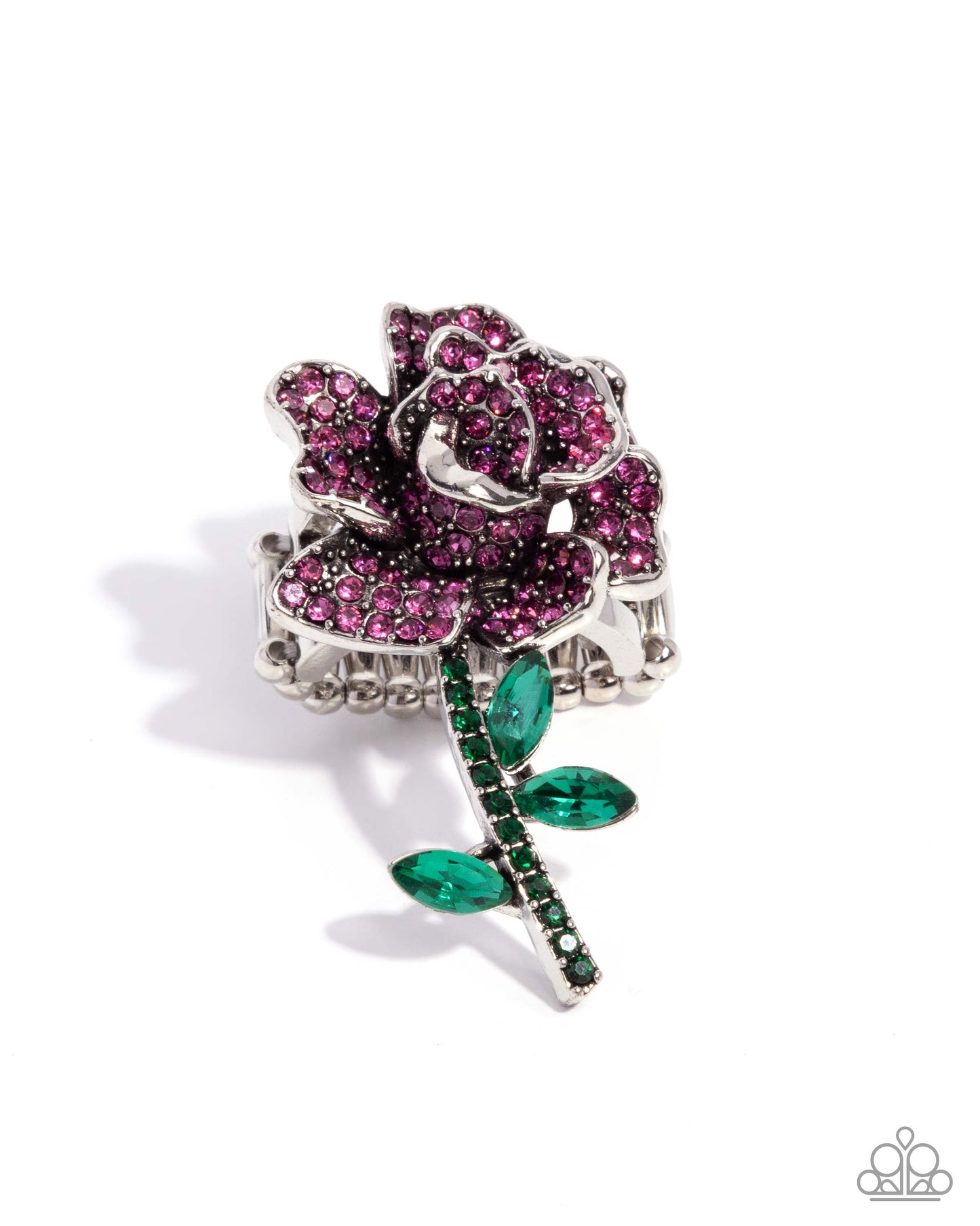 Boutonniere Bling - Pink Rhinestone Rose Silver Ring - Paparazzi Accessories