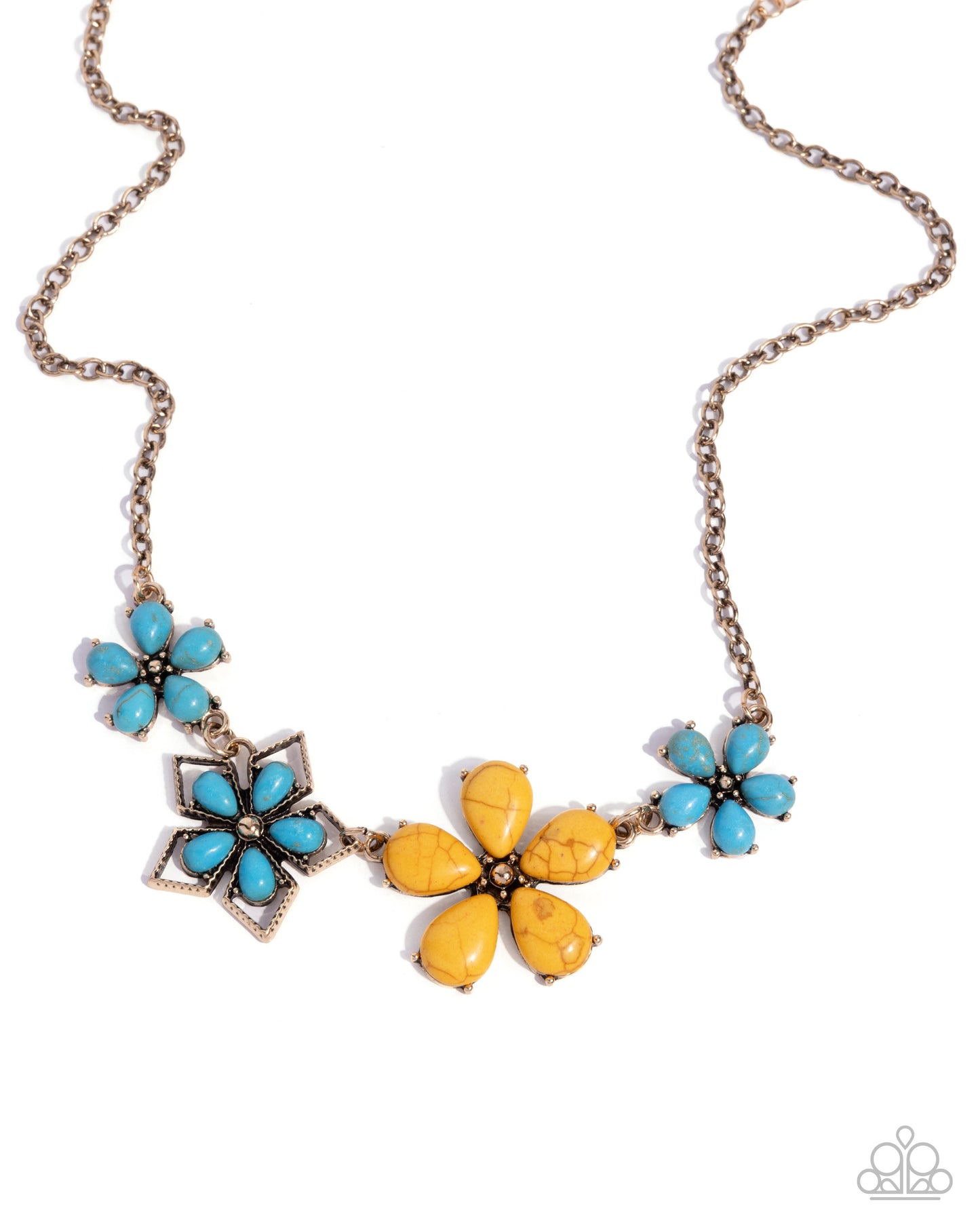 Behold the Bloom - Yellow & Blue Turquoise Crackle Stone Gold Necklace - Paparazzi Accessories