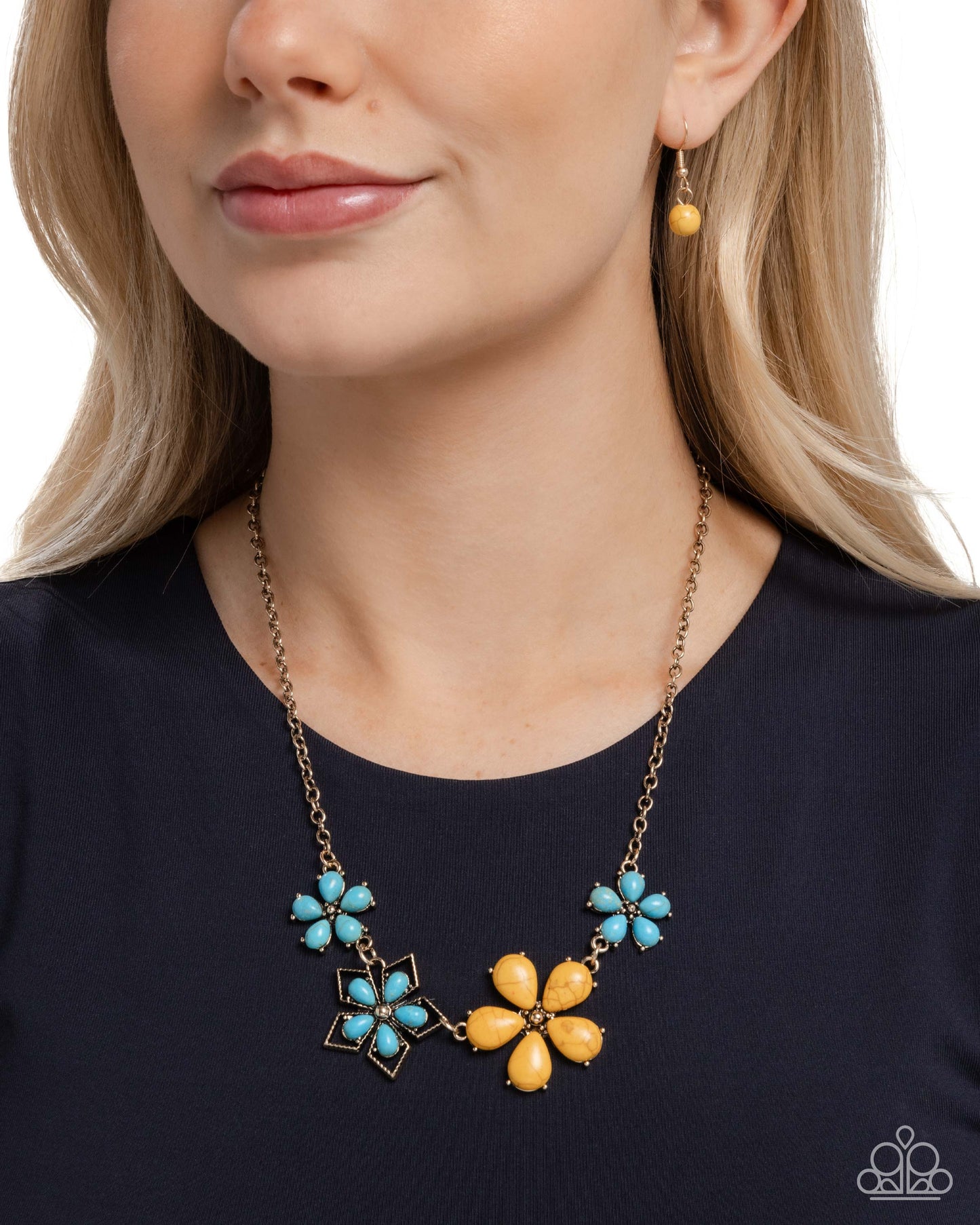 Behold the Bloom - Yellow & Blue Turquoise Crackle Stone Gold Necklace - Paparazzi Accessories
