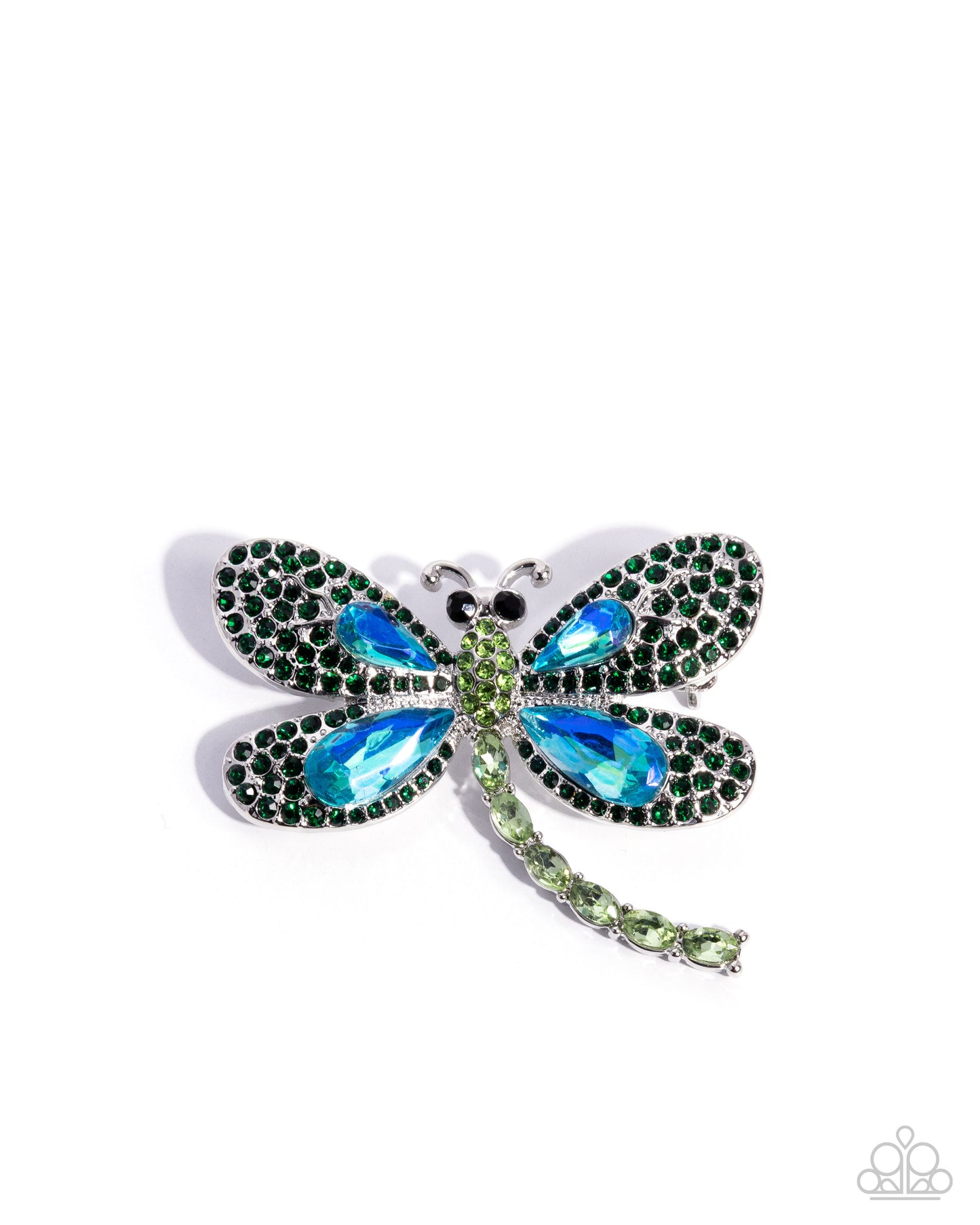 Divine Dragonfly - Green & Blue UV Shimmer Rhinestone Silver Brooch - Paparazzi Accessories