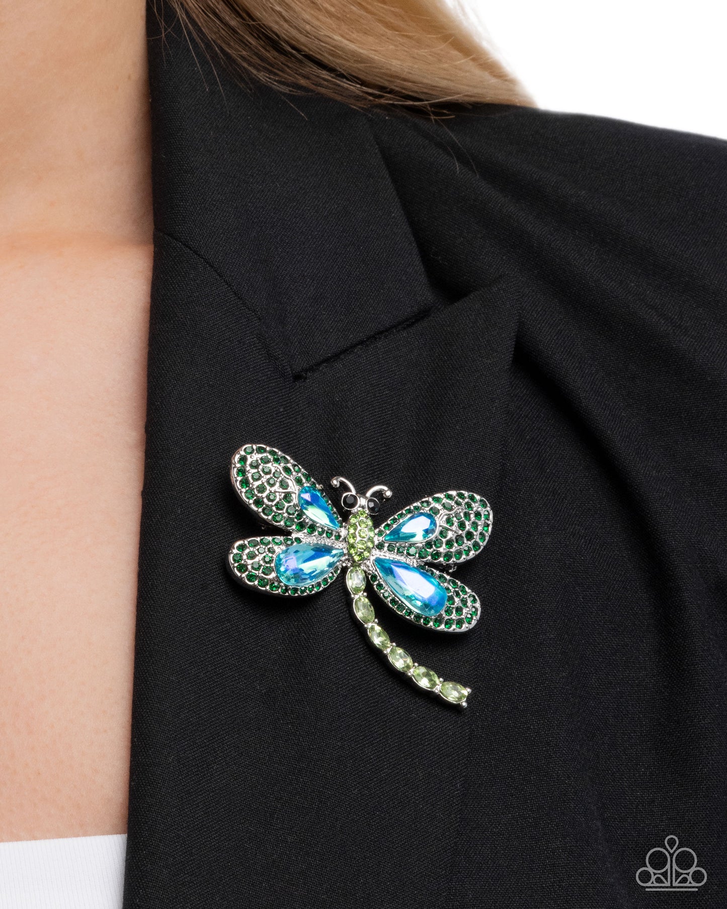 Divine Dragonfly - Green & Blue UV Shimmer Rhinestone Silver Brooch - Paparazzi Accessories