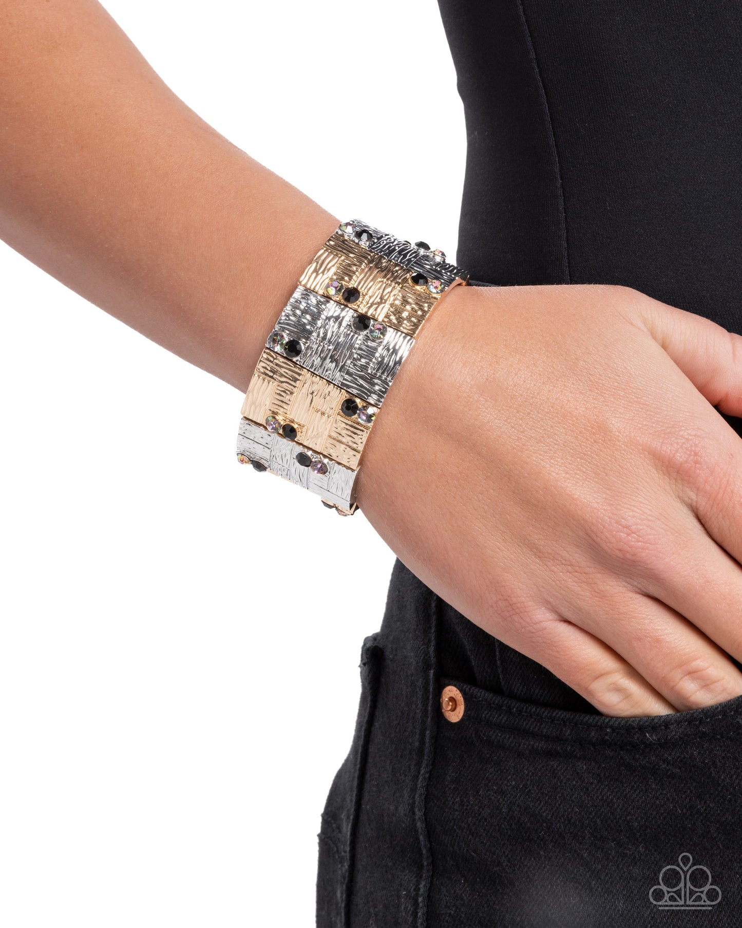 Plated Potential - Black Rhinestone Silver & Gold Stretchy Bracelet - Paparazzi Accessories