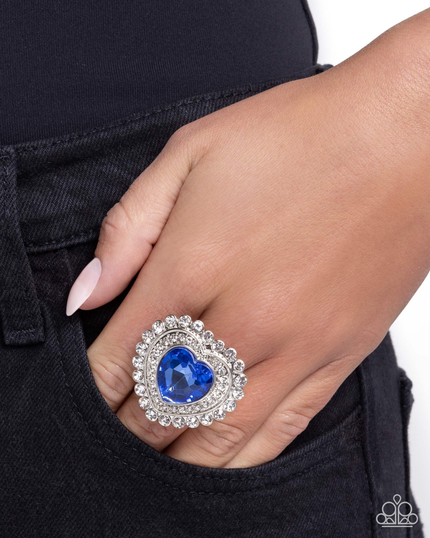 Head Over HEART - Blue Gem White Rhinestone Silver Ring - Paparazzi Accessories