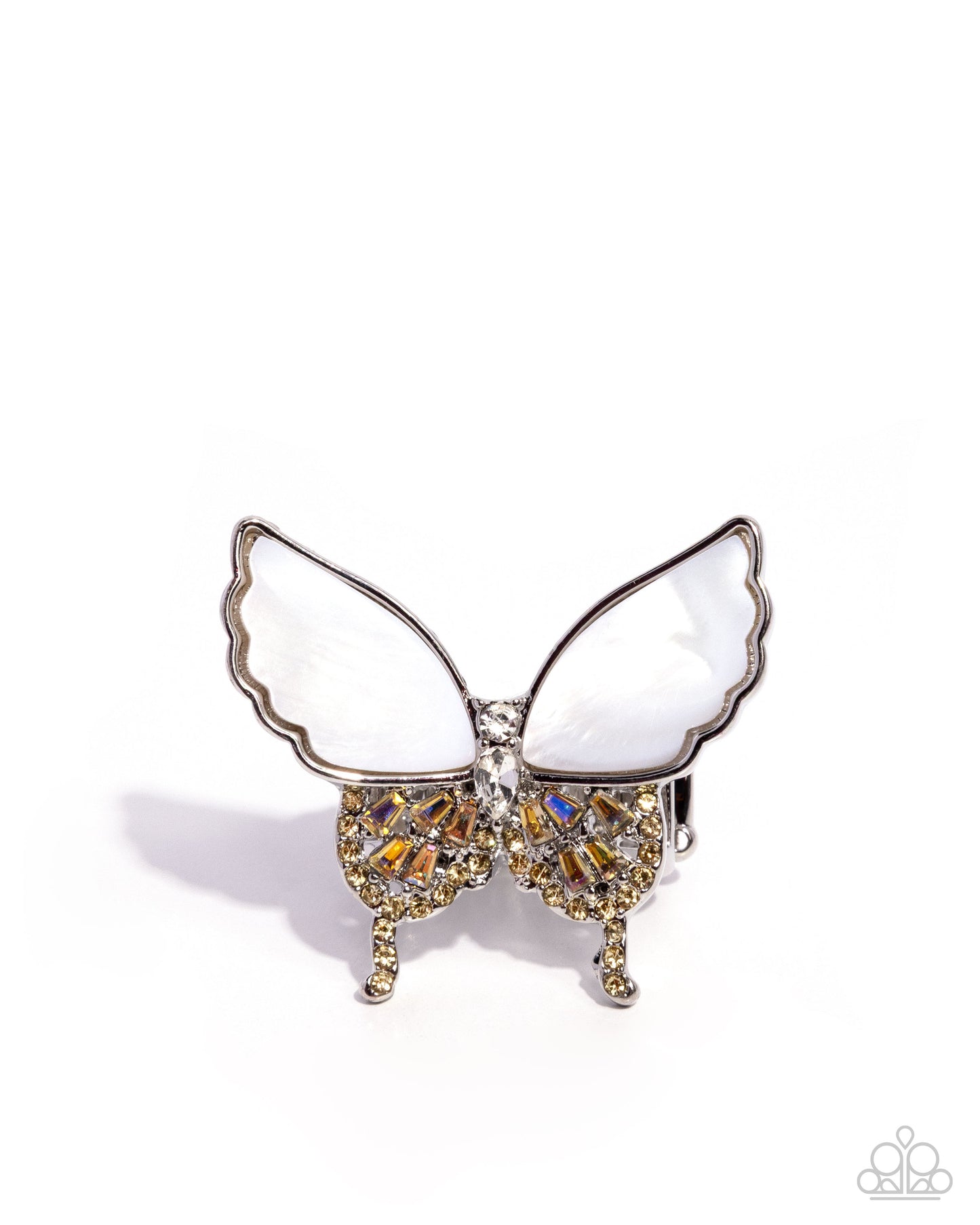 Butterfly Benefit - Yellow Iridescent Rhinestone White Shell Butterfly Silver Ring - Paparazzi Accessories