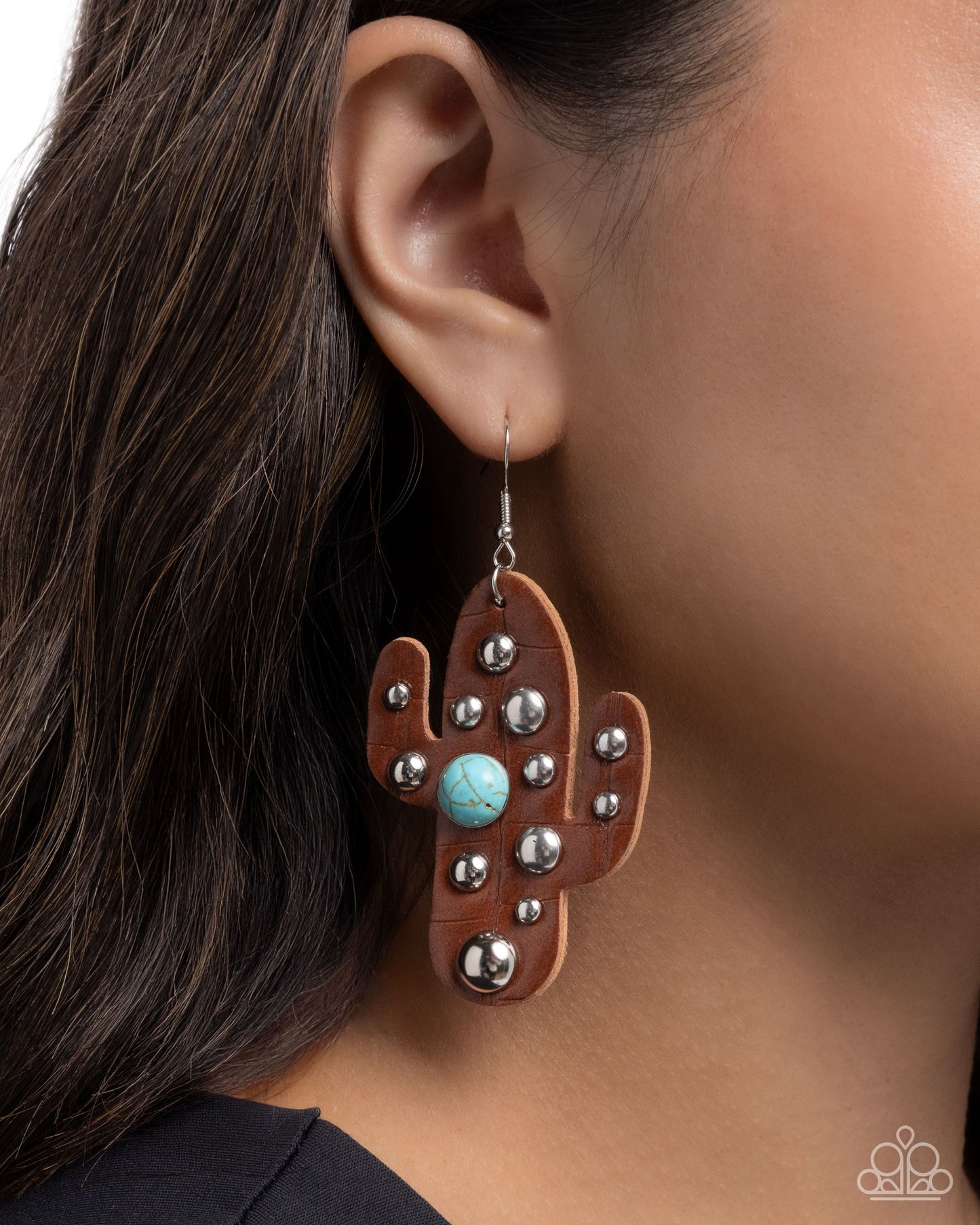Cactus Cache - Brown Leather, Silver Studs & Turquoise Crackle Stone Fishhook Earrings - Paparazzi Accessories