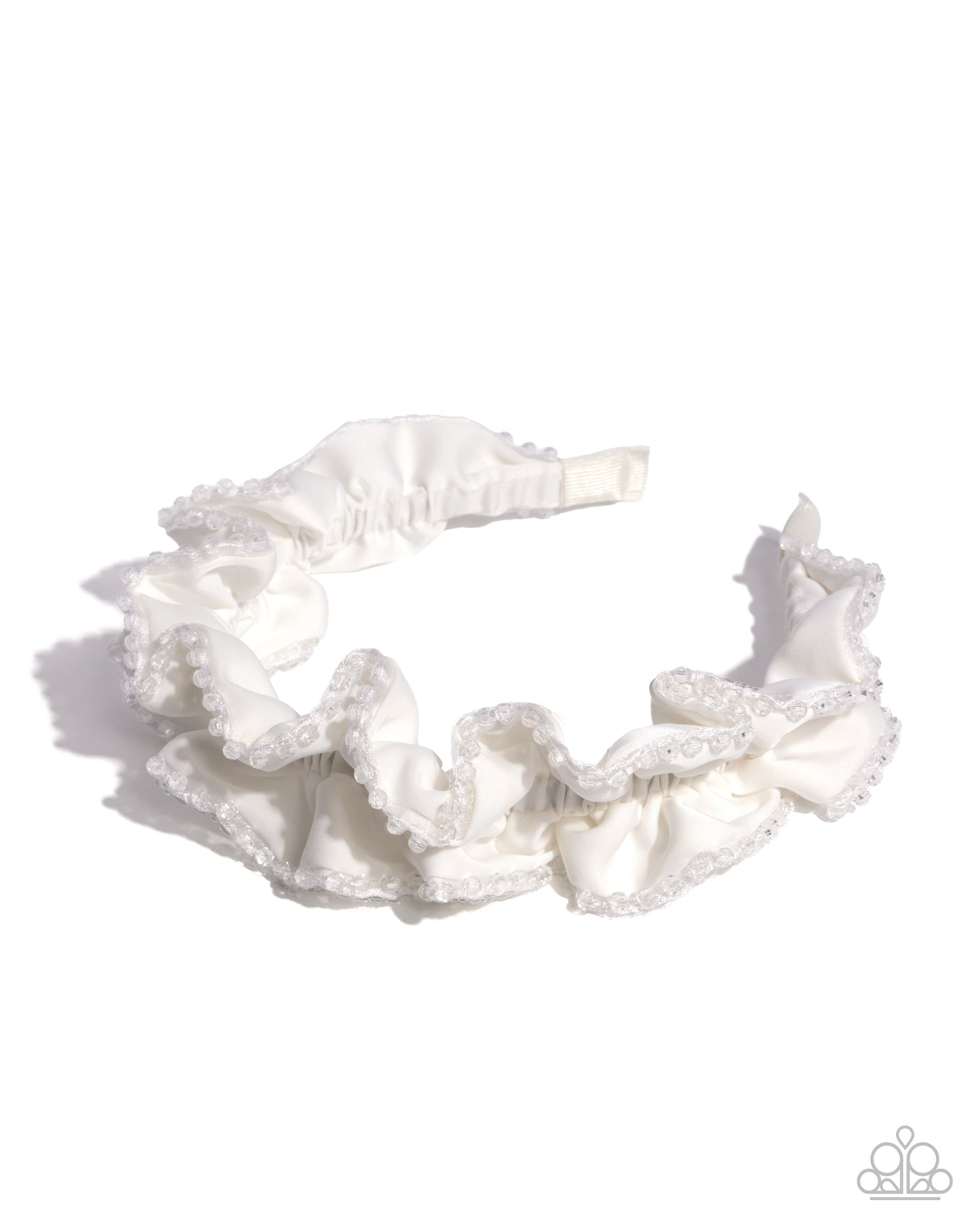 Beaded Broadcast - White Ribbon Faceted Crystal Lined Headband - Paparazzi Accessories