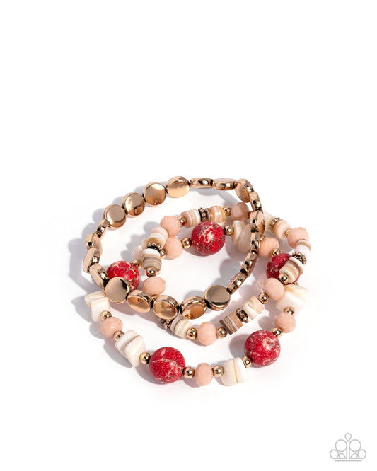 Earthy Entertainer - Red Stone Beads Gold Stretchy Bracelets - Paparazzi Accessories