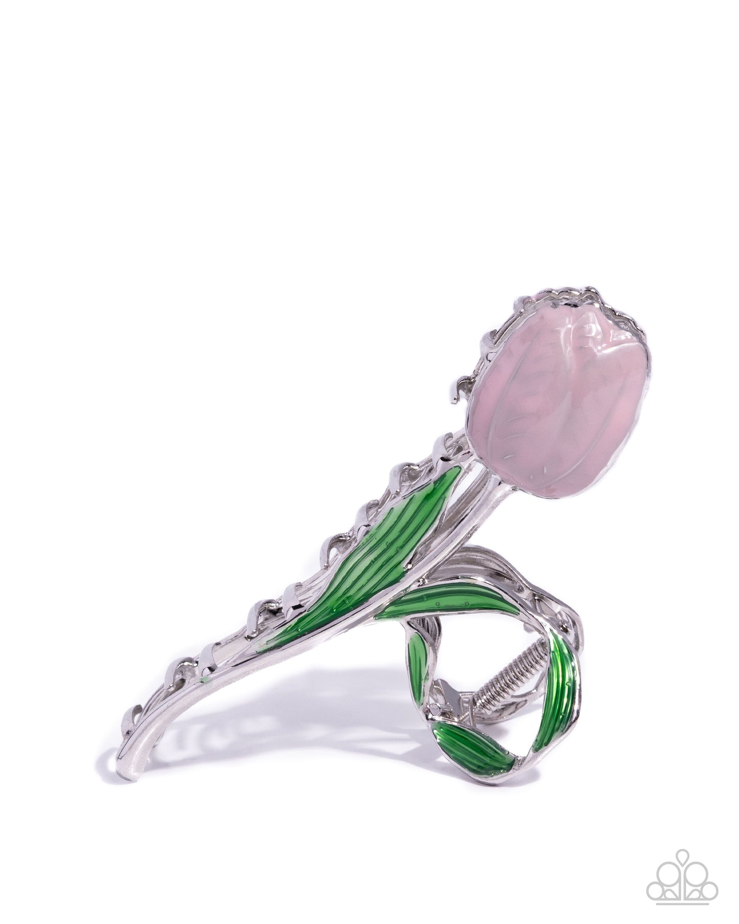 Floriculture Fever - Pink & Green Enamel Tulip Silver Claw Clip - Paparazzi Accessories
