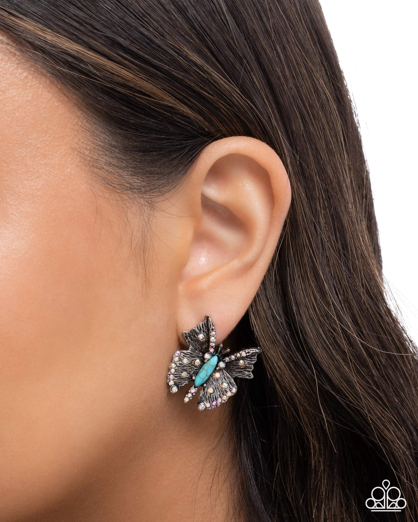 Hovering Harmony - Blue Crackle Stone, Silver Butterfly Earrings - Paparazzi Accessories