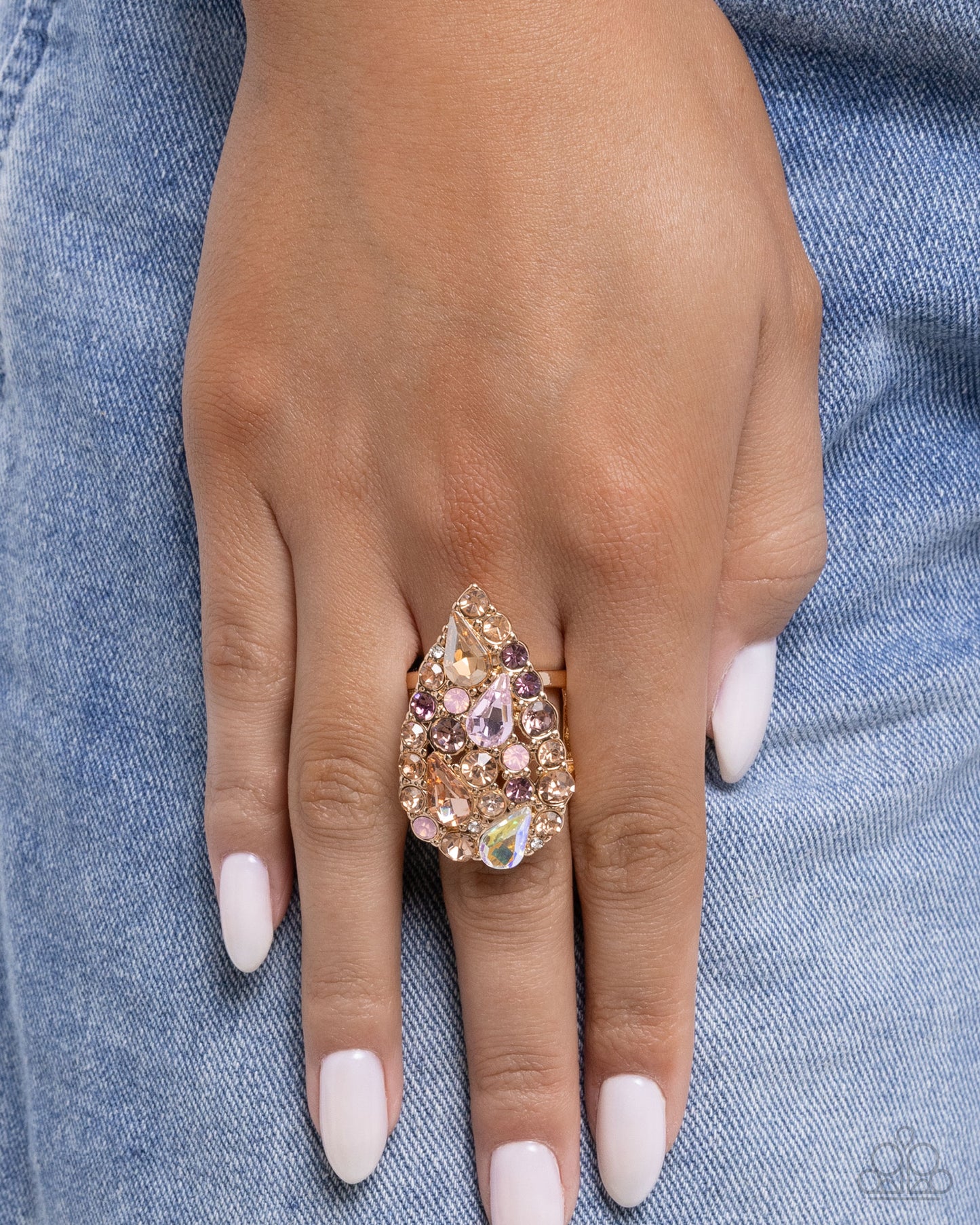 Gatsby Gamut - Pink Rhinestone Gold Teardrop Ring - Paparazzi Accessories