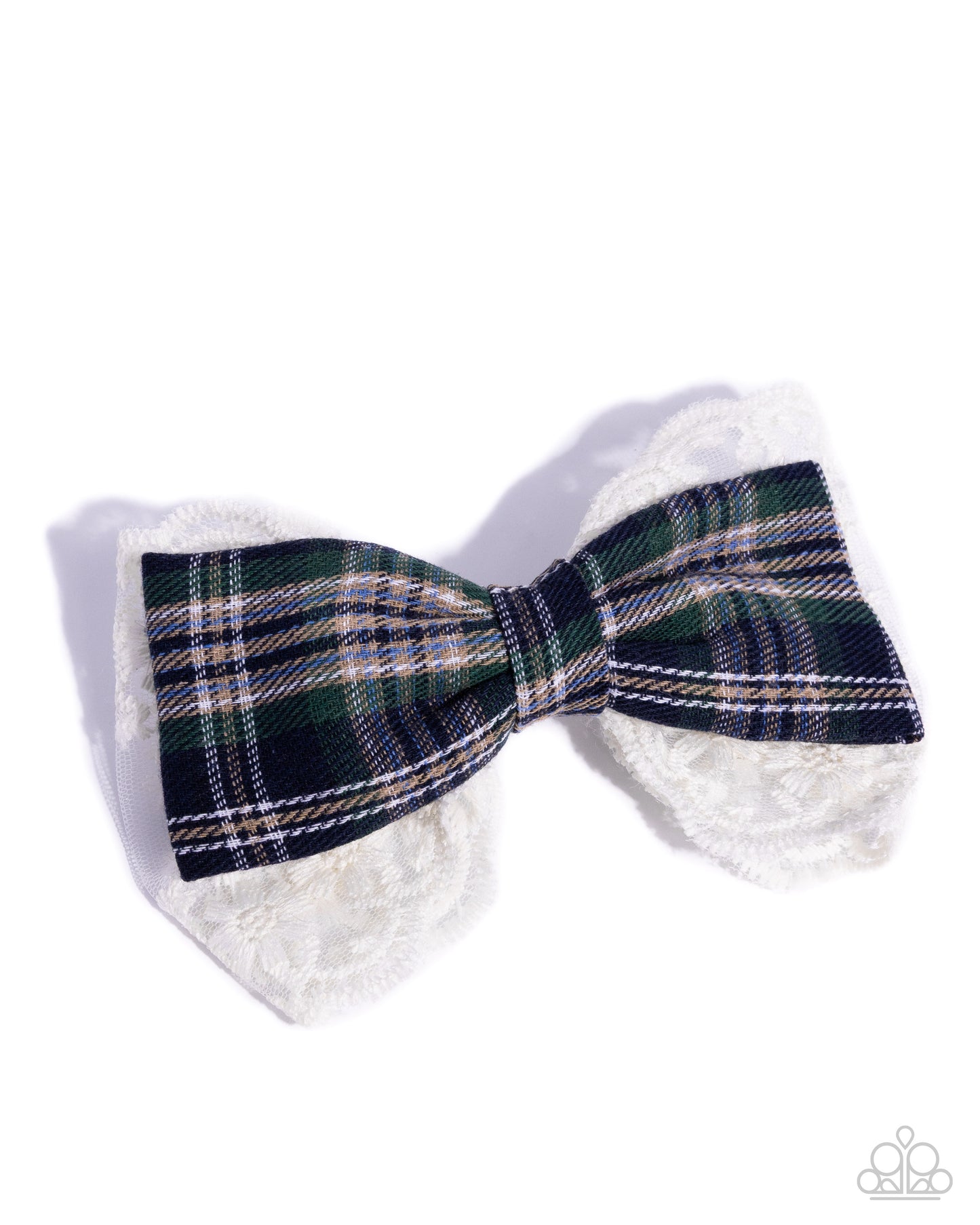 Ready to BOW? - Blue Patterned Plaid White Lacy Ribbon Bow Hair Clip - Paparazzi Accessories