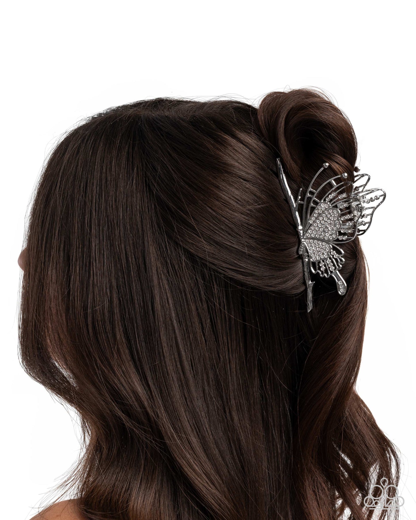 Layered Landing - White Rhinestone Silver Metal Butterfly Claw Clip - Paparazzi Accessories