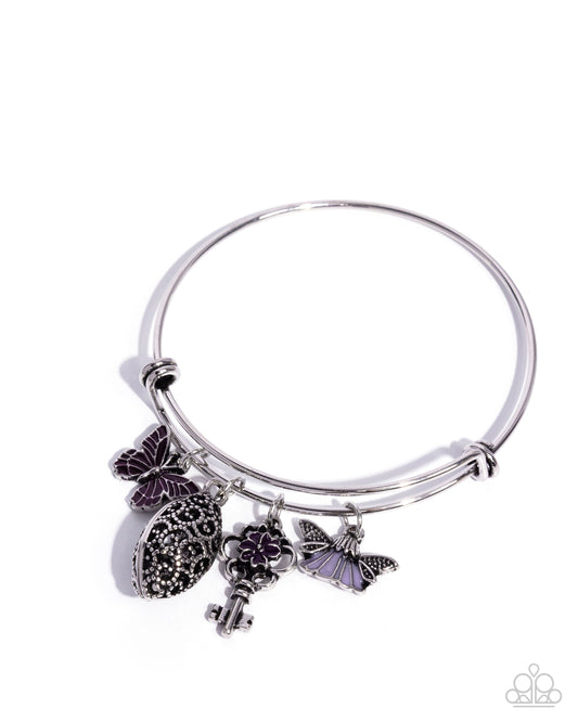 Eclectic Emotion - Purple Pearl Painted Silver Charms Expandable Bangle Bracelet - Paparazzi Accessories