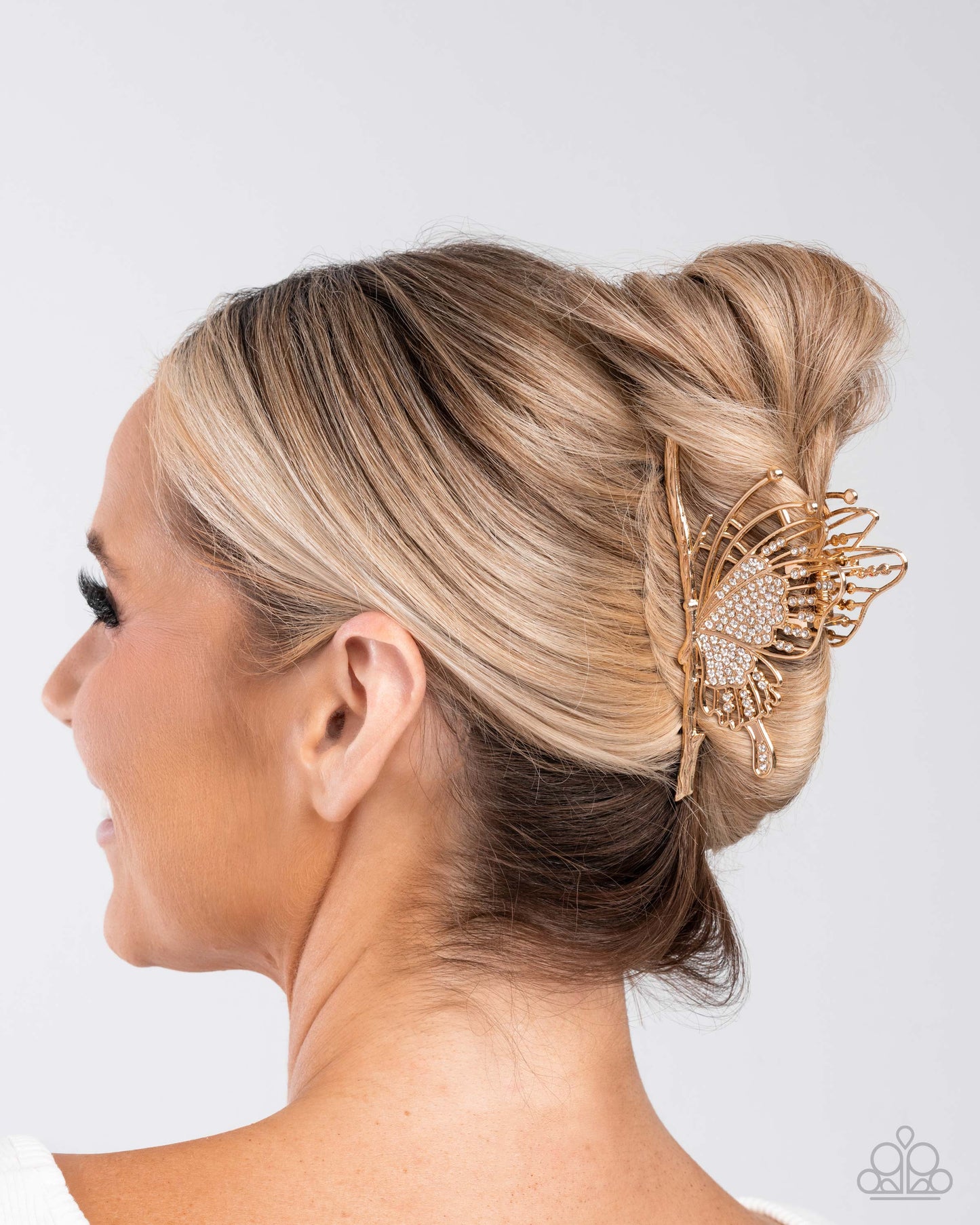 Layered Landing - Gold White Rhinestone Butterfly Claw Clip - Paparazzi Accessories