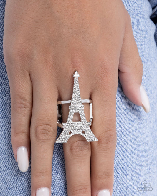 Eiffel Tower Ease - White Rhinestone Ring - Paparazzi Accessories