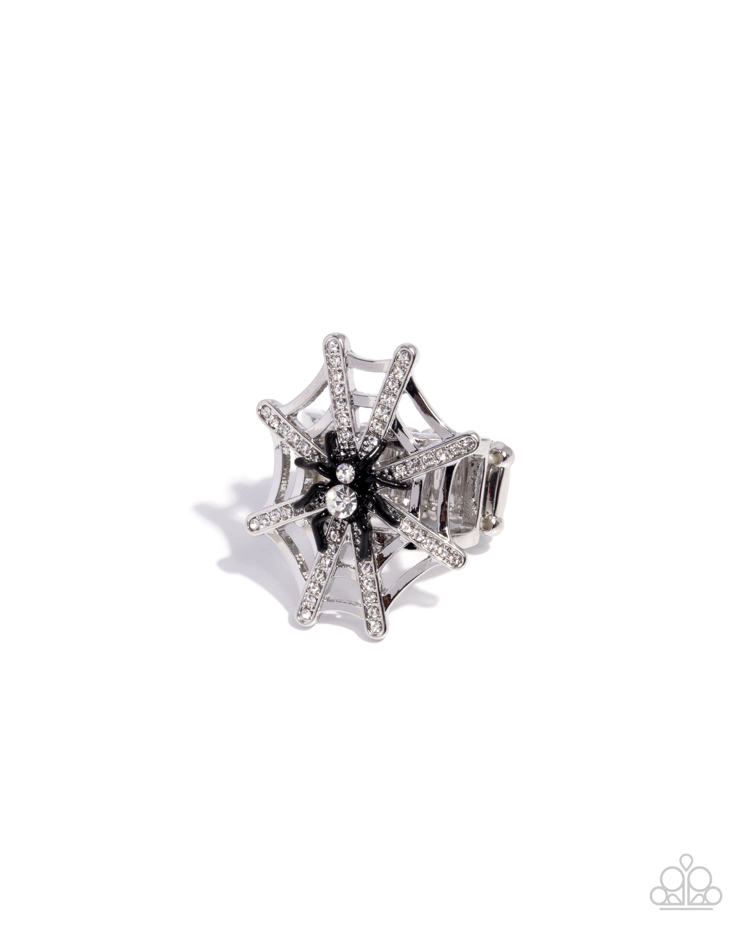 Spiderweb Shimmer - Black Enamel Spider White Rhinestone Web Silver Ring - Paparazzi Accessories