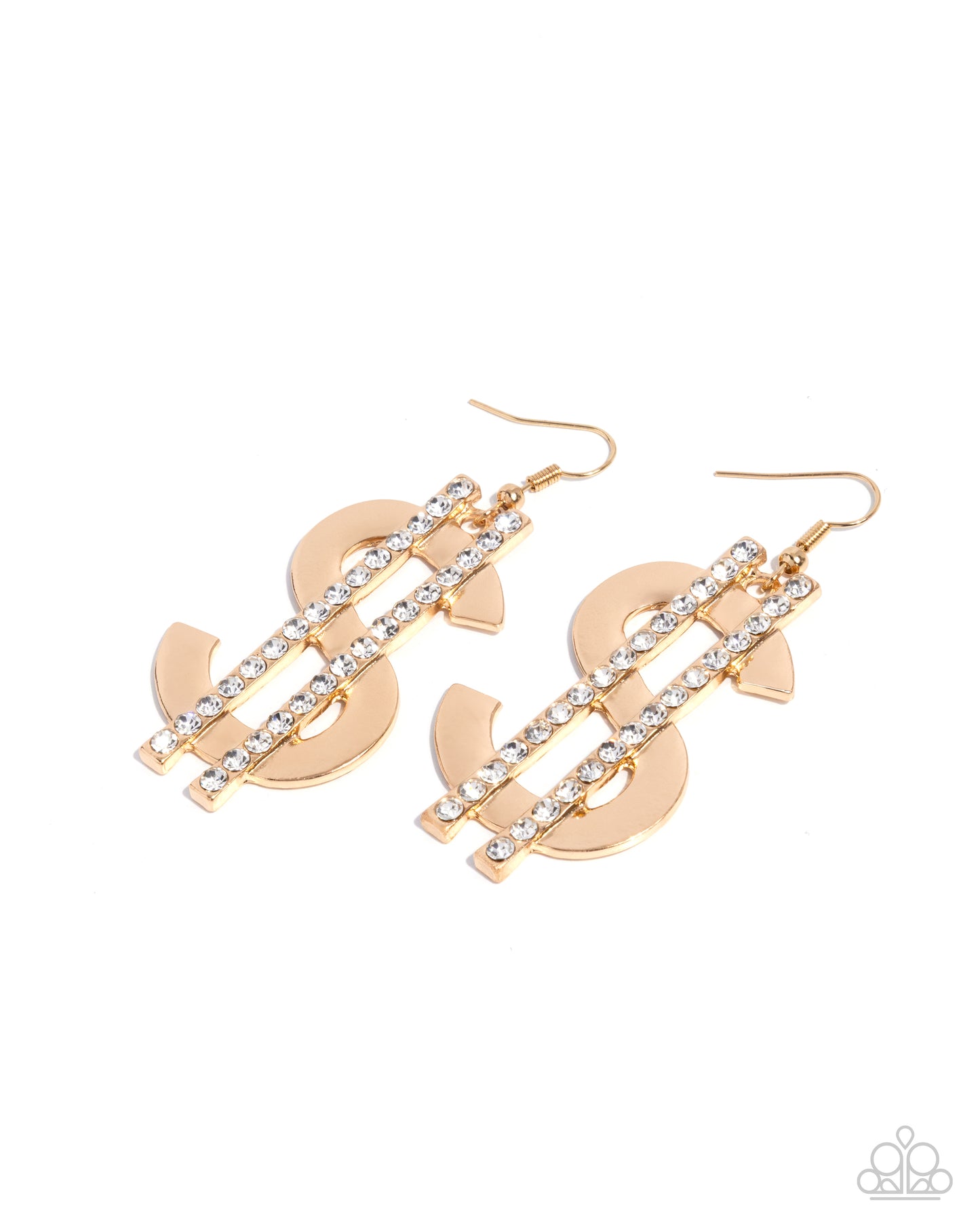 Magnate Moment - Gold Dollar Sign White Rhinestone Fishhook Earrings - Paparazzi Accessories