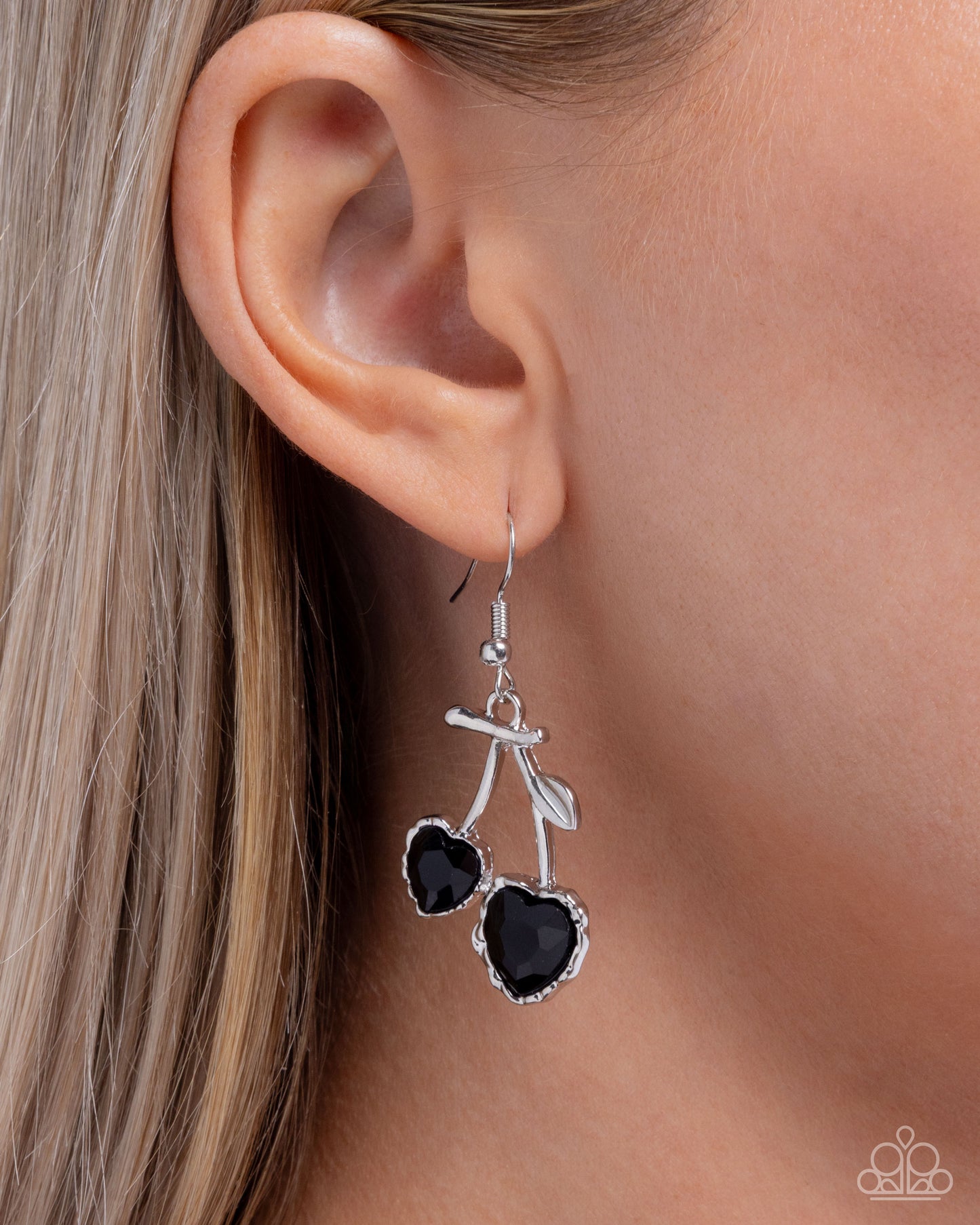 Courting Cherries - Black Gem Heart Silver Cherry Fishhook Earrings - Paparazzi Accessories