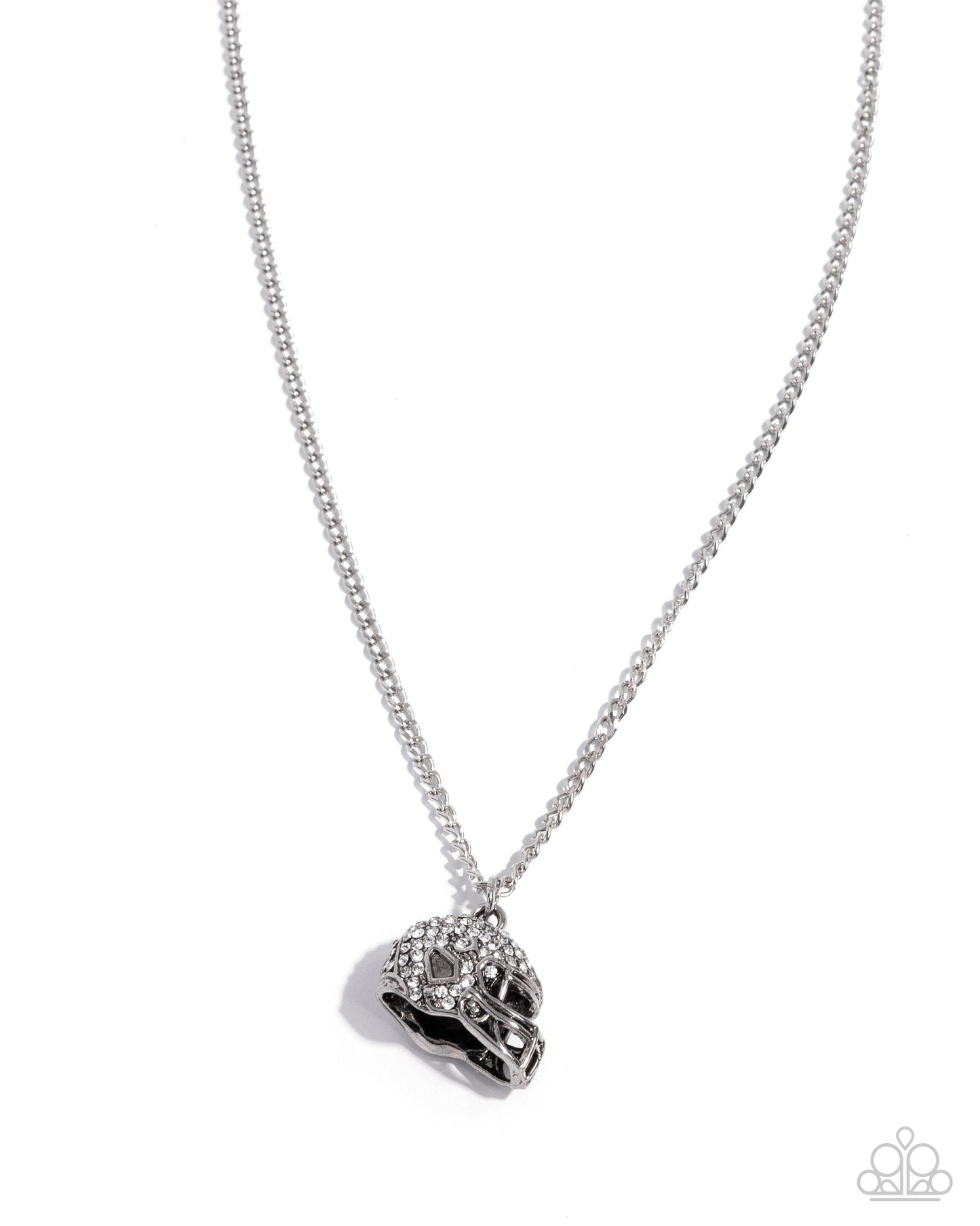 Quarterback Chic - White Rhinestone Silver Football Helmet Pendant Necklace - Paparazzi Accessories