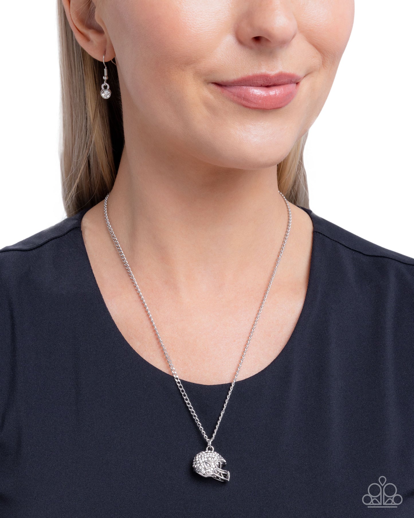 Quarterback Chic - White Rhinestone Silver Football Helmet Pendant Necklace - Paparazzi Accessories