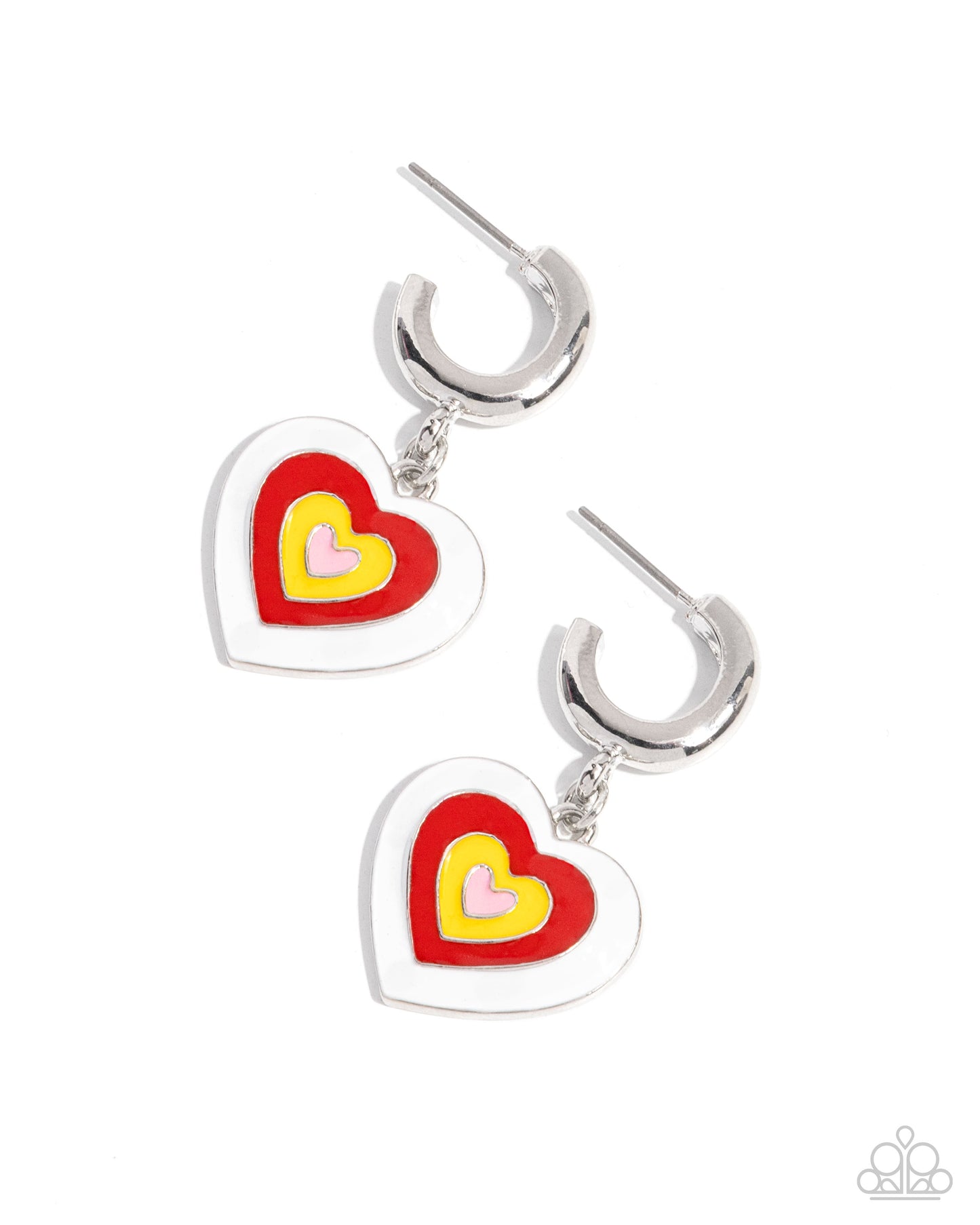 Loveable Leisure - White, Red, Yellow Enamel Heart Silver Drop Hoop Earrings - Paparazzi Accessories