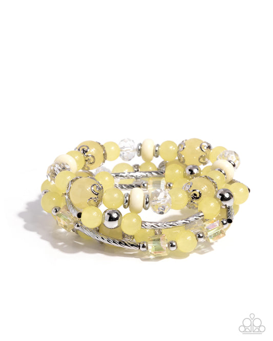 Endearing Ease - Yellow Acrylic Beads Silver Stretchy Bracelets - Paparazzi Accessories