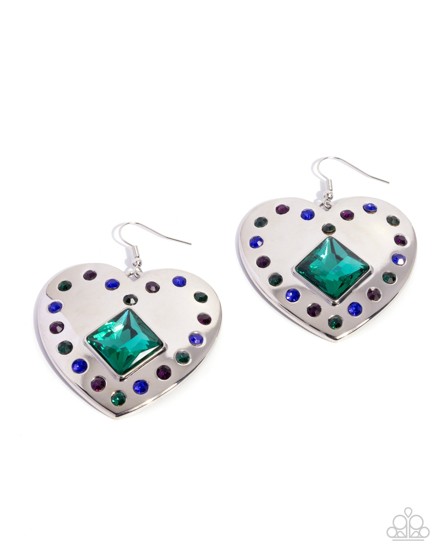 Lovely Lights - Green, Purple, Blue Rhinestone Silver Heart Fishhook Earrings - Paparazzi Accessories