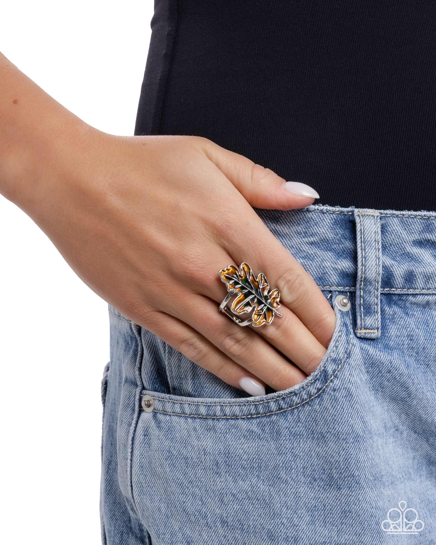 Thankful Treasure - Green, Yellow & Orange Enamel Leaf Ring - Paparazzi Accessories