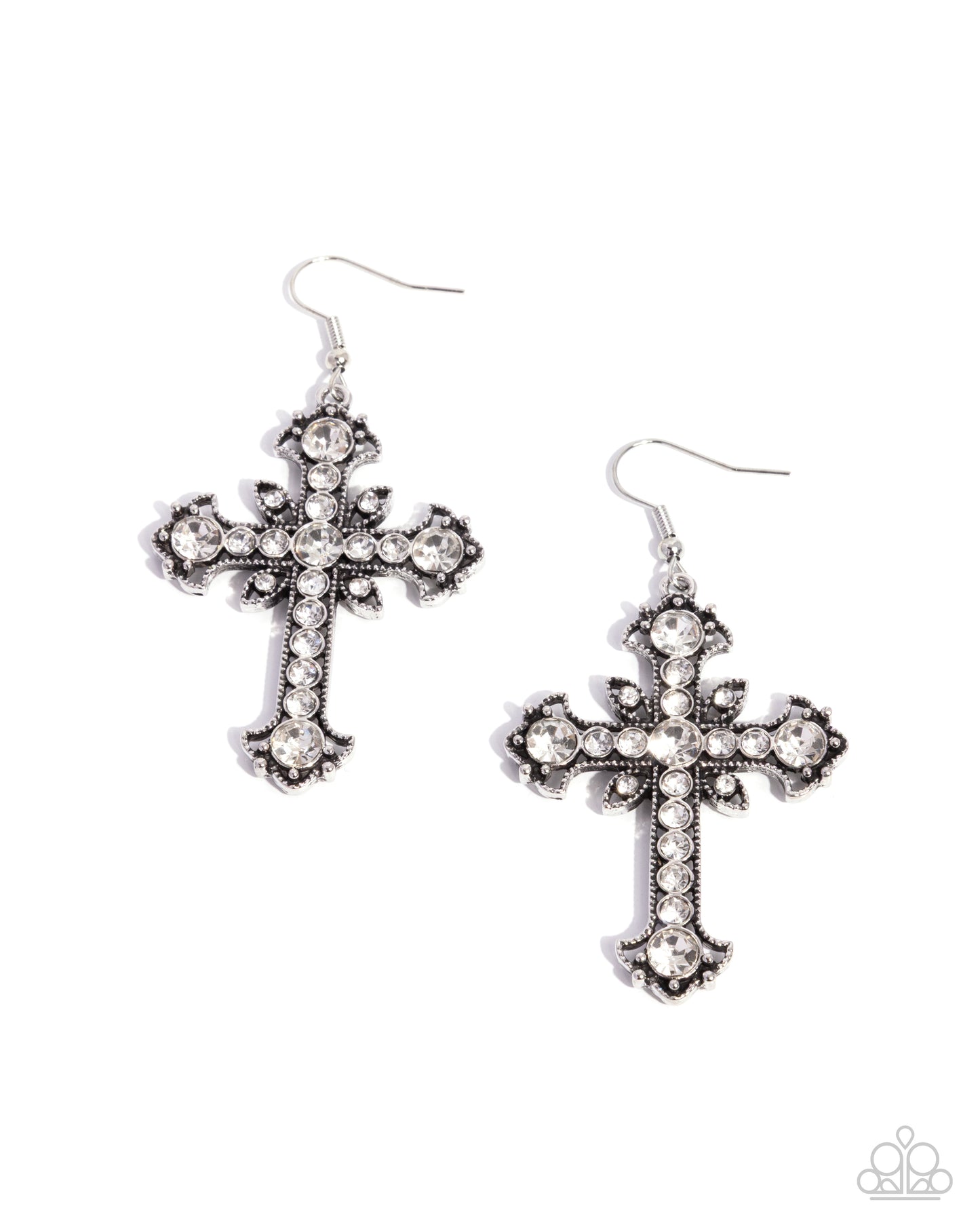 Heavenly Hosts - White Rhinestone Silver Cross Fishhook Earrings - Paparazzi Accessories