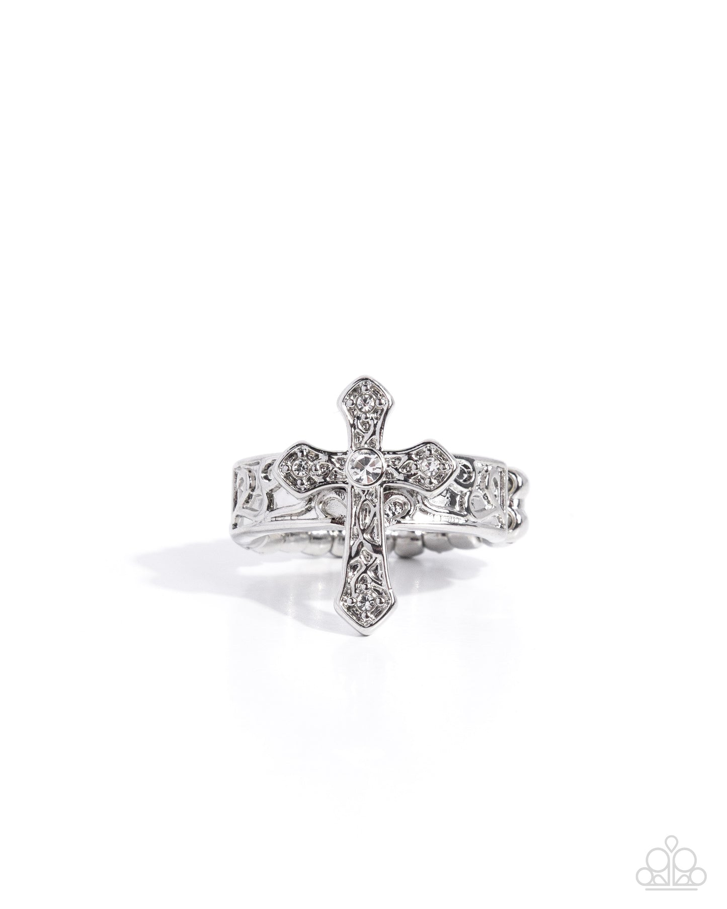 Holy Haute - White Rhinestone, Silver Cross Ring - Paparazzi Accessories