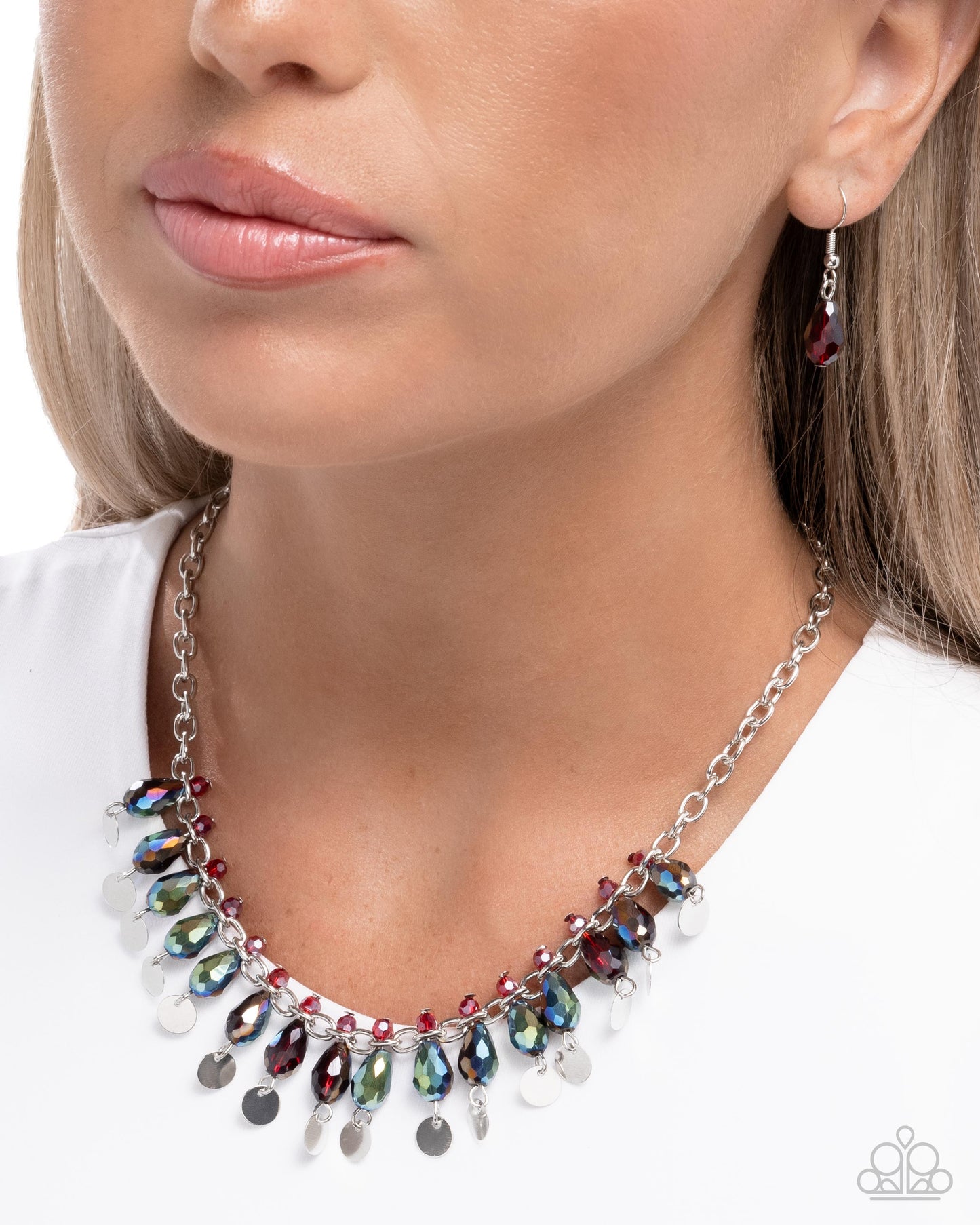 Glimpse of Glitz - Red UV Shimmer Teardrop Beads Silver Necklace - Paparazzi Accessories