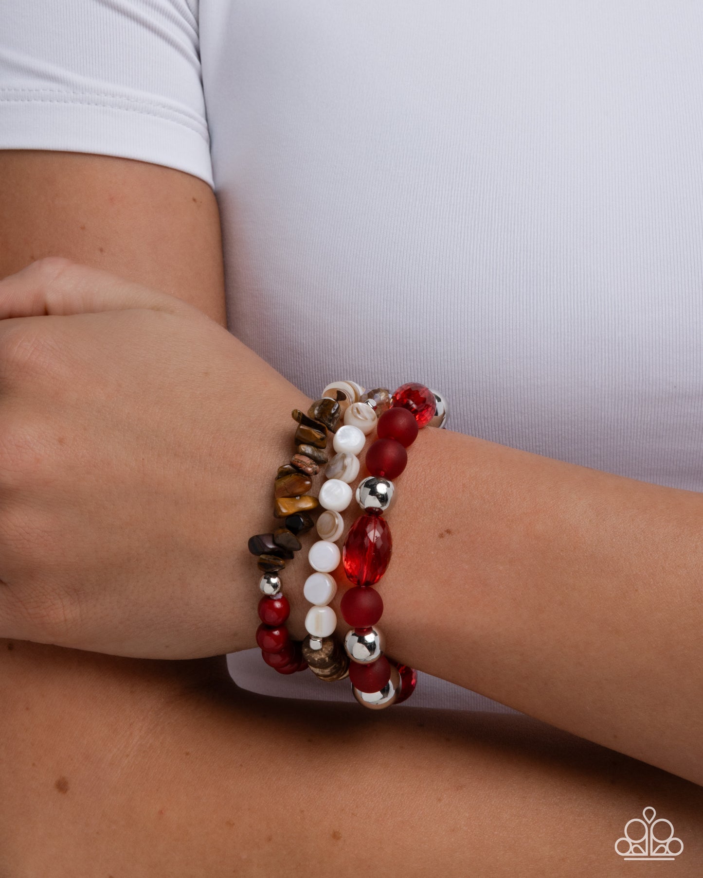 Seasonal Stretch - Red Acrylic Beads, Brown Tiger's Eye Stone & Wooden Beads Stretchy Bracelets - Paparazzi Accessories