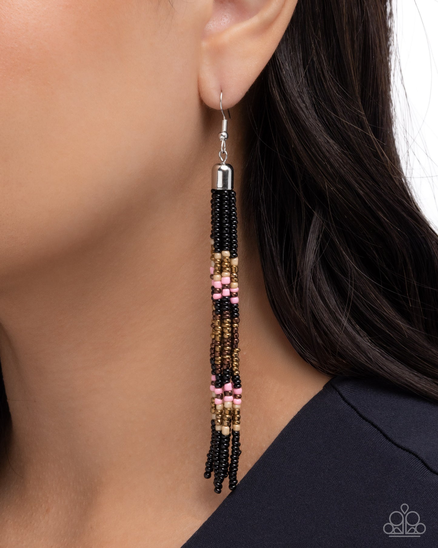 Stunning Strands - Black, Pink, Brass Seed Bead Silver Fishhook Earrings - Paparazzi Accessories