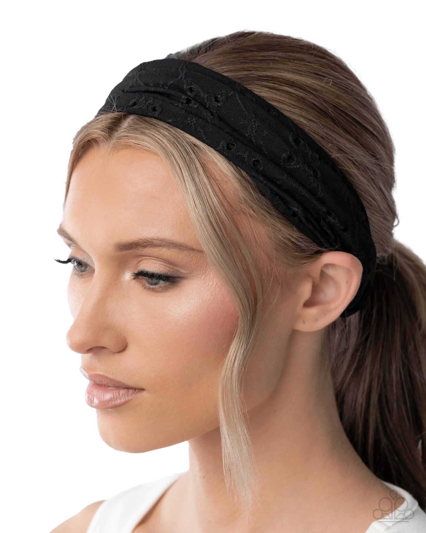 Eyelet Elegance - Black Floral Fabric Stretchy Headband - Paparazzi Accessories