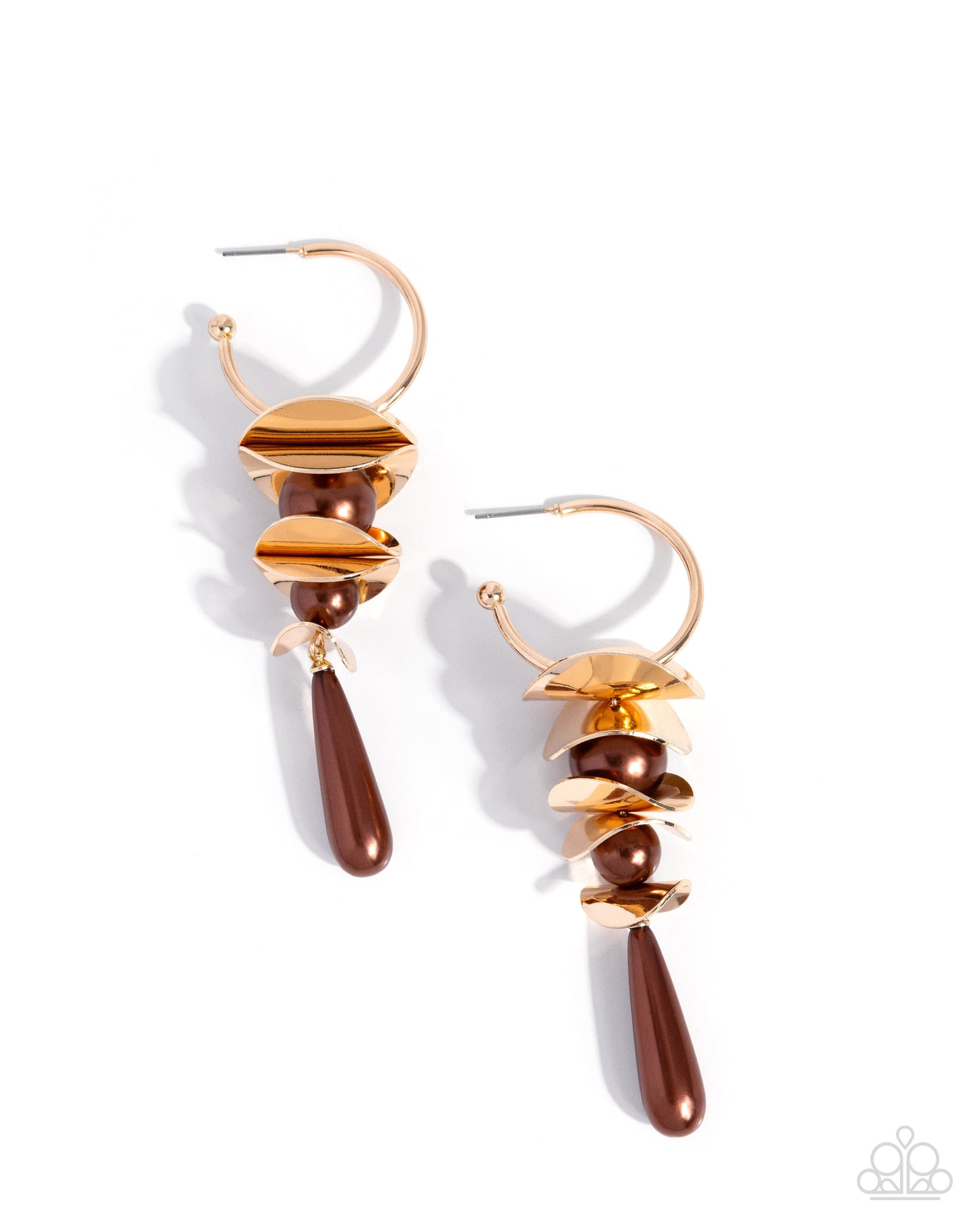 Planetary Polish - Brown Pearl, Gold Drop Hoop Earrings - Paparazzi Accessories