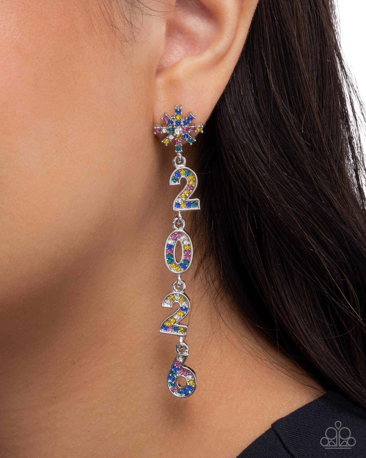 Ring In The Shimmer - Multi Rhinestone "2026" Silver Post Earrings - Paparazzi Accessories