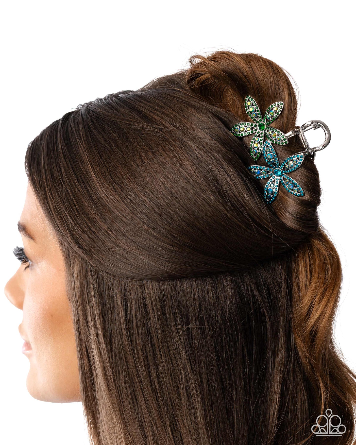 Blooming Beacon - Multi, Blue, Green, Iridescent Rhinestone, Silver Flower Claw Clip - Paparazzi Accessories