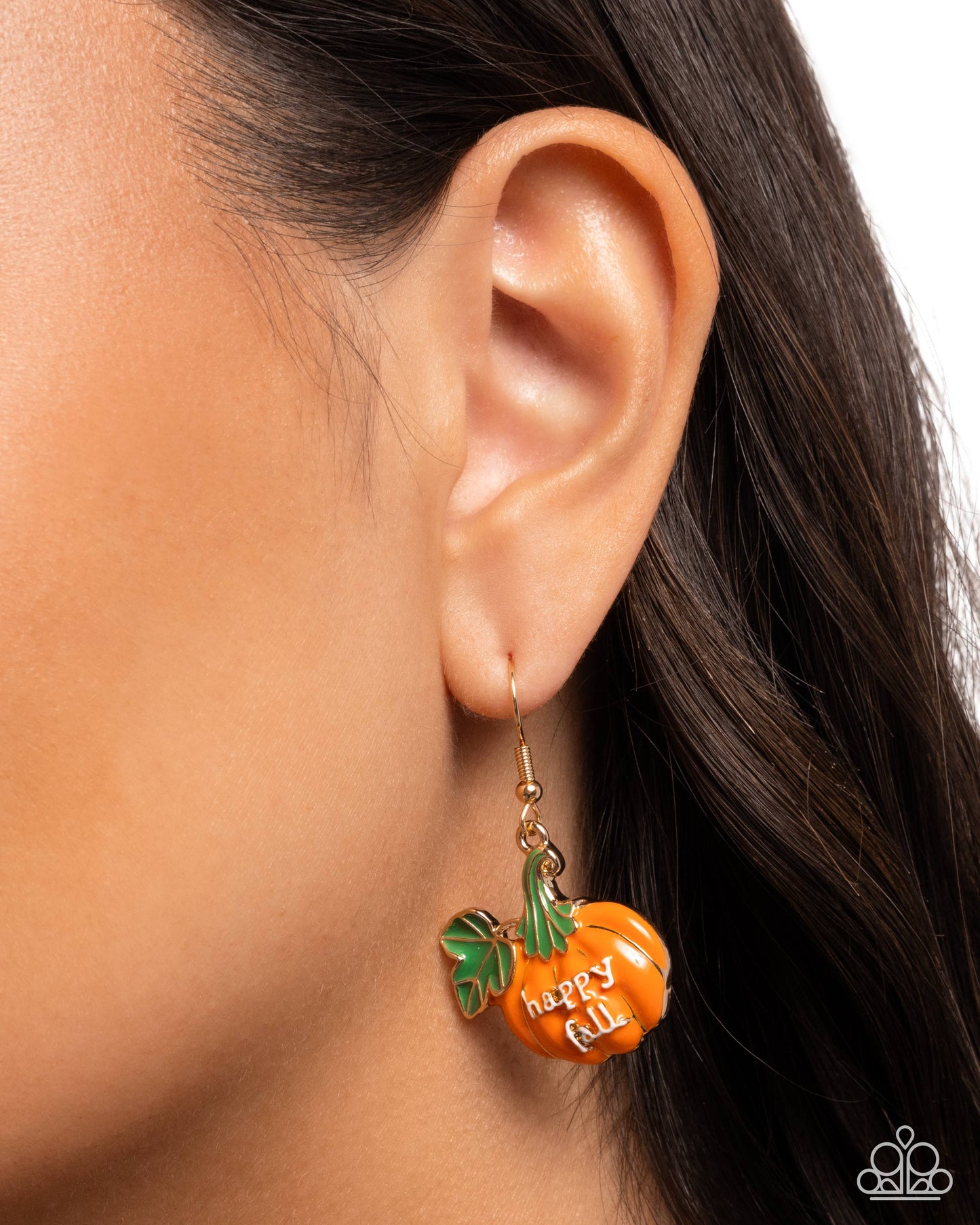 Autumn Affair - Orange Enamel Pumpkin "Happy Fall" Silver Fishhook Earrings - Paparazzi Accessories