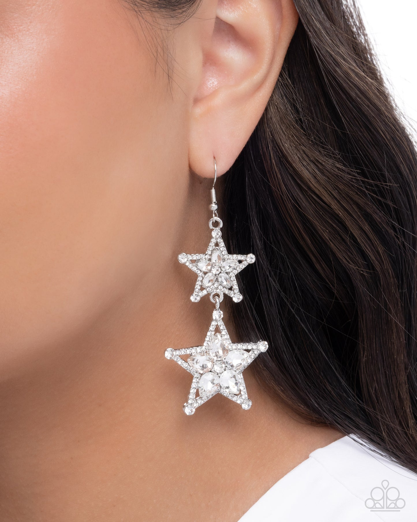 Glittery Galaxy - White Rhinestone, Silver Star Fishhook Back Earrings - Paparazzi Accessories