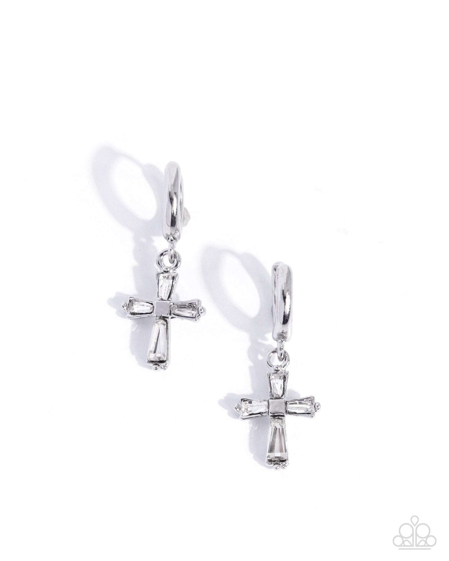 Sacred Shine - White Rhinestone Cross Drop Hoop Earrings - Paparazzi Accessories
