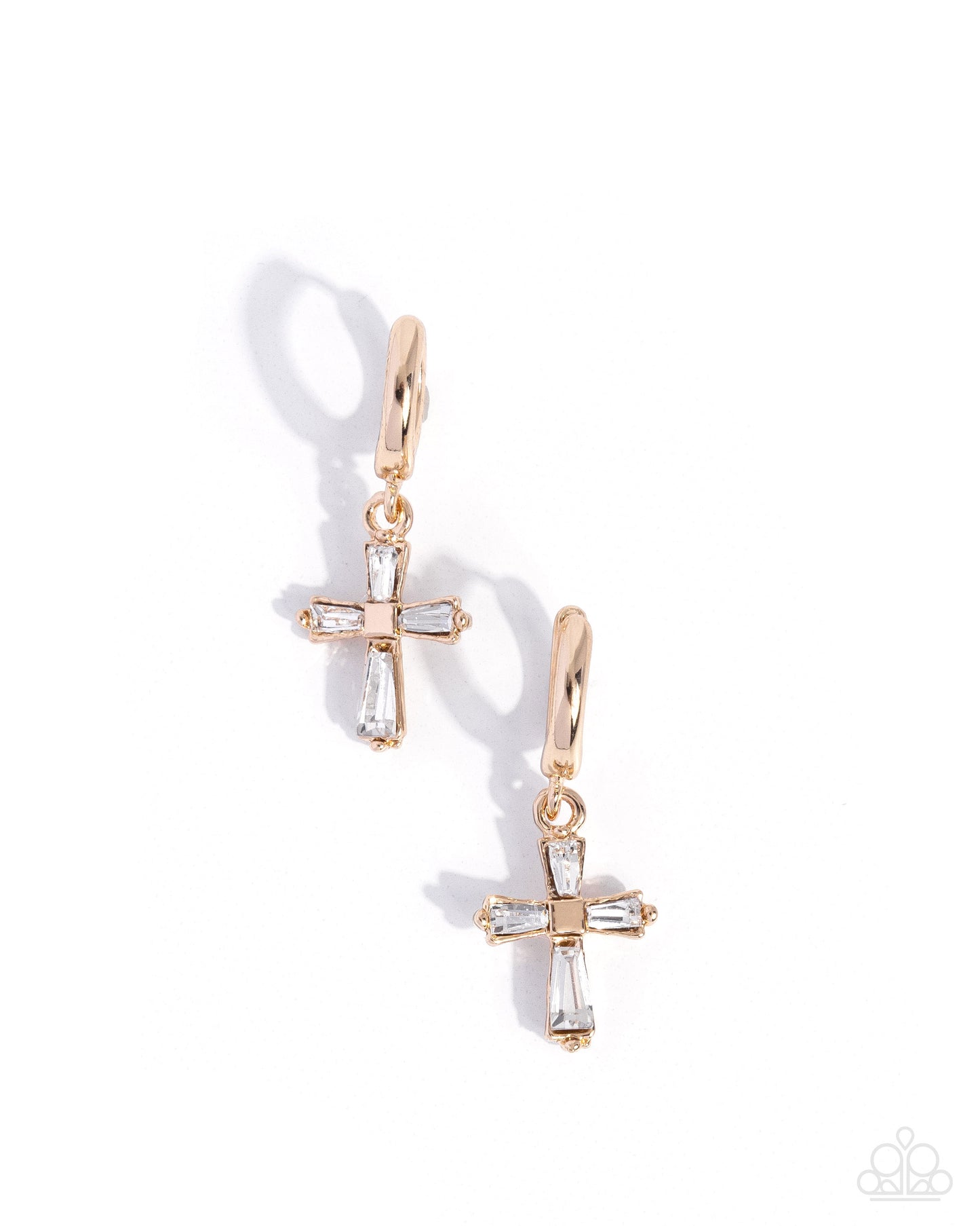 Sacred Shine - Gold White Rhinestone Cross Drop Hoop Earrings - Paparazzi Accessories